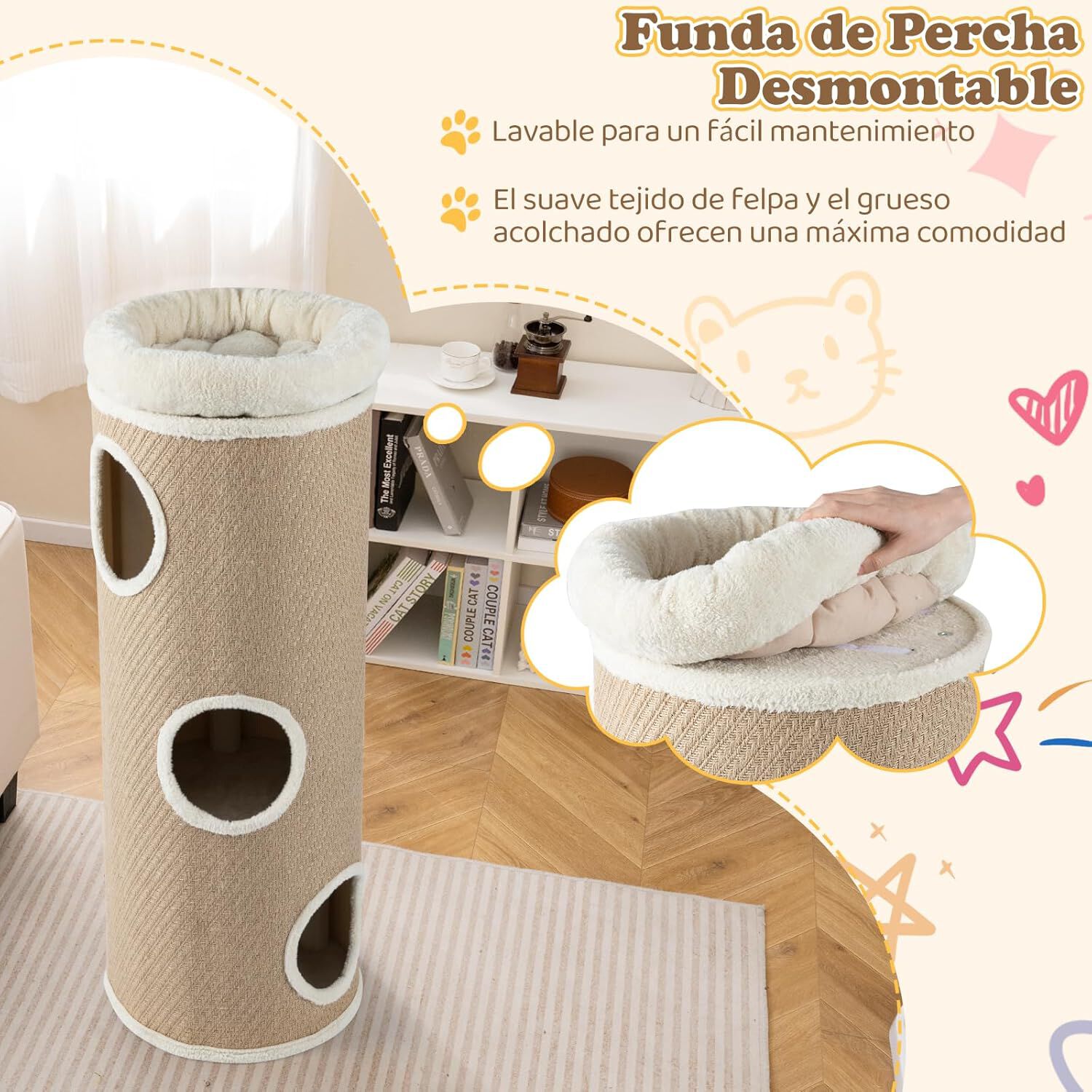 COSTWAY Barril Rascador de 4 Niveles, Poste rascador para Gatos para M&uacute;ltiples Gatos con Cama de Percha Removible, Tablero Rascador de Sisal, Estera de Bamb&uacute; para Gato de Interior (De Yute), , large Imagen numero 4