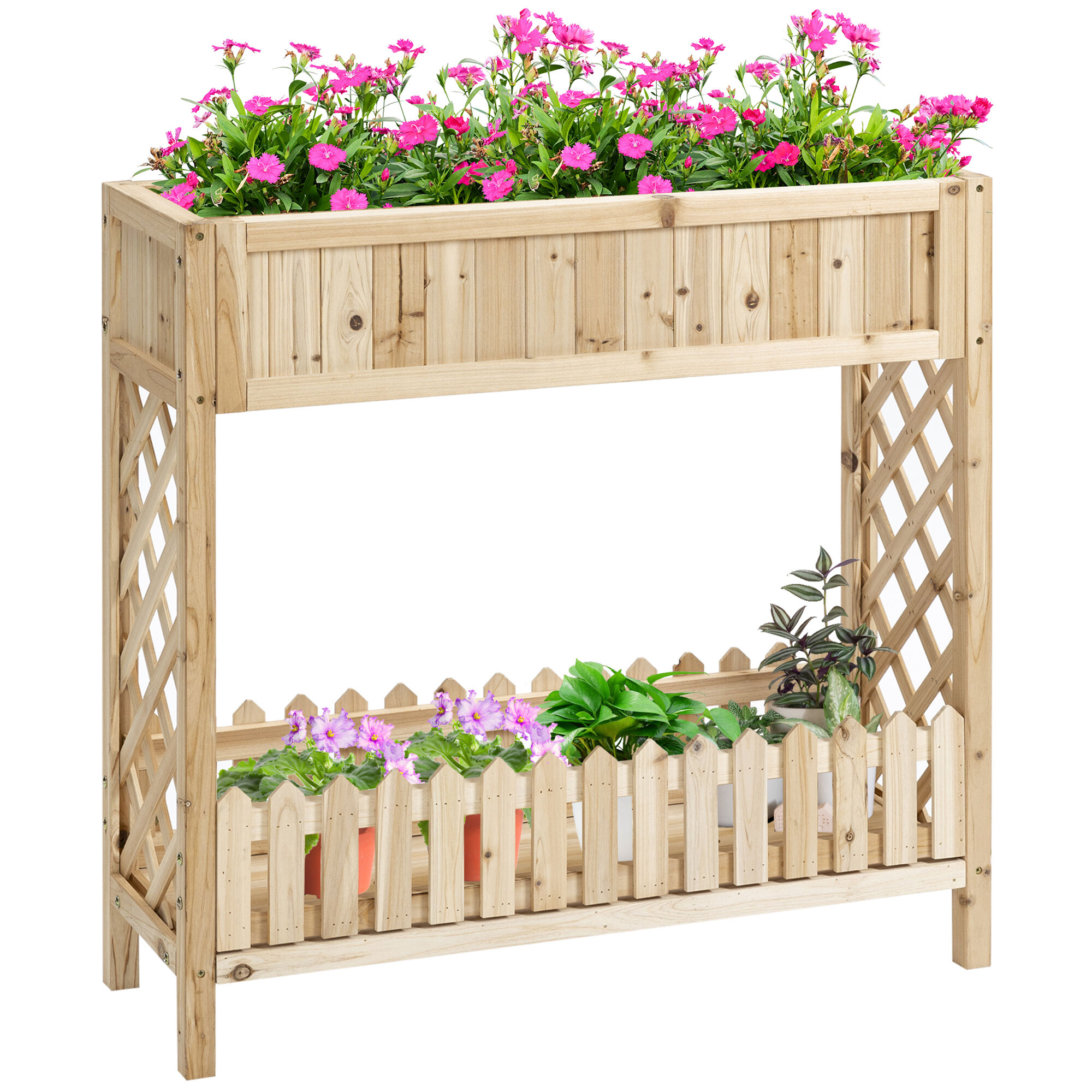 Outsunny Huerto Urbano de Madera 90x30x90 cm Mesa de Cultivo con Estante Inferior Seto Decorativo y 4 Orificios de Drenaje para Plantas Macetas Flores Natural, , large Imagen numero 1