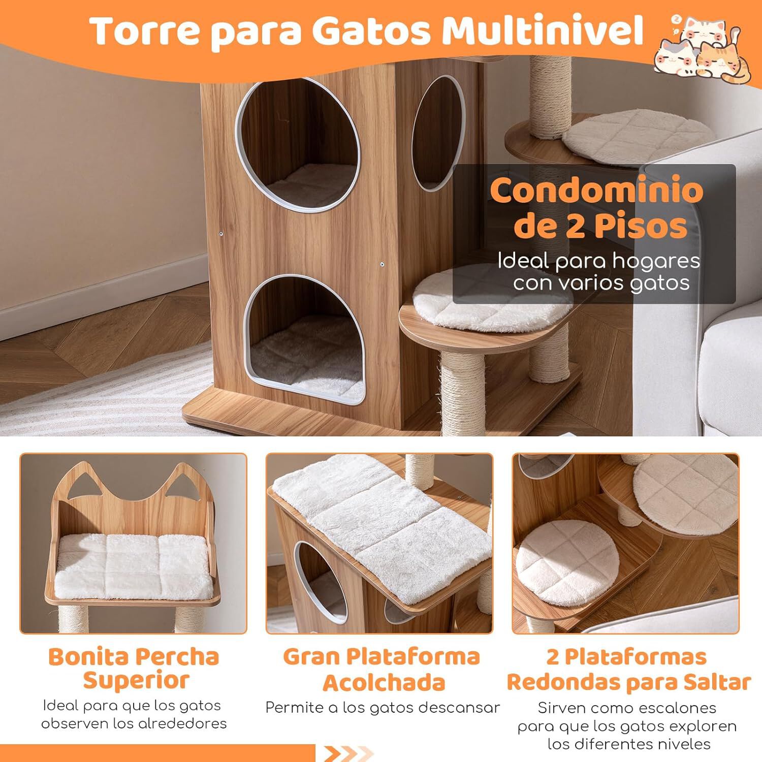COSTWAY &Aacute;rbol Rascador para Gatos de Madera, 122 cm de Altura, Torre para Gatos con Condo de 2 Pisos, Postes de Sisal, 3 Plataformas Anchos con Cojines Desmontables, Mueble Auxiliar Moderno Gatitos, , large Imagen numero 3