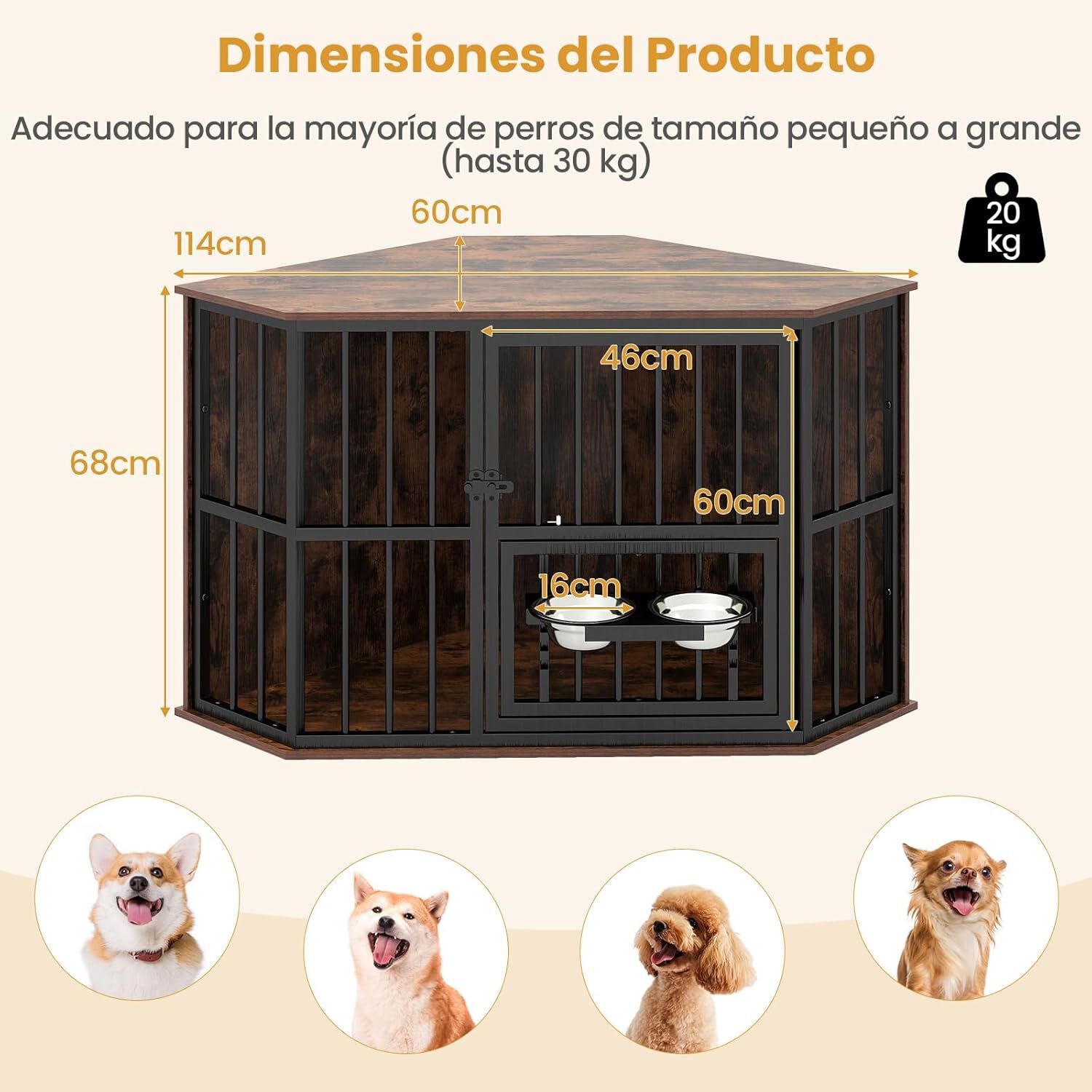COSTWAY Jaula Esquinera para Perros, Comedero Ajustable con 2 Cuencos de Acero Inoxidable Rotativos 360°, Ahorra Espacio, Multifuncional para Interior, Patas Ajustables, Adecuada para hasta 30 kg thumbnail