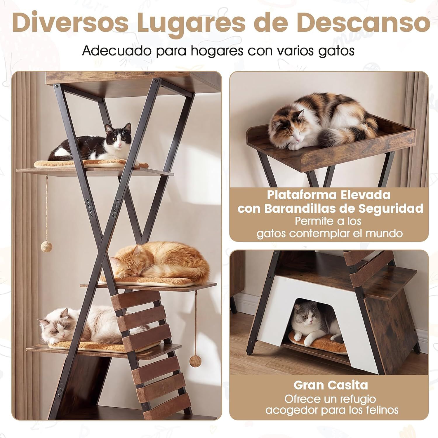 COSTWAY &Aacute;rbol Rascador para Gatos de 185 cm, Torre Gatos con 4 Plataformas, 4 Cojines de Peluche, Cueva, Alfombra Rascadora, Bandas El&aacute;sticas, Bolas Colgantes, Casa Gato, Castillo para Gato, Marr&oacute;n, , large Imagen numero 5