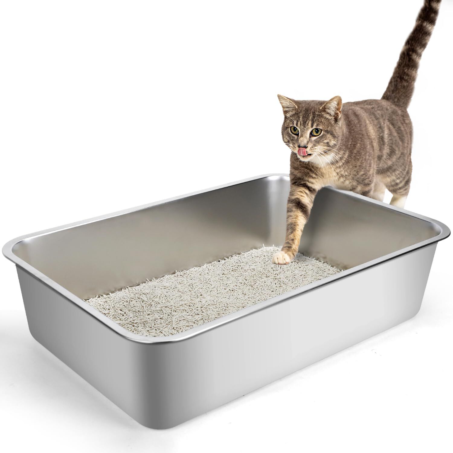Nobleza - Arenero para Gatos de Acero Inoxidable Cerrado Grande 60x40x15 cm - Caja de Arena con Borde Alto, No Absorbe Olores, Antideslizante - Adecuado para Gatos Grandes y M&uacute;ltiples Gatitos, , large Imagen numero 1