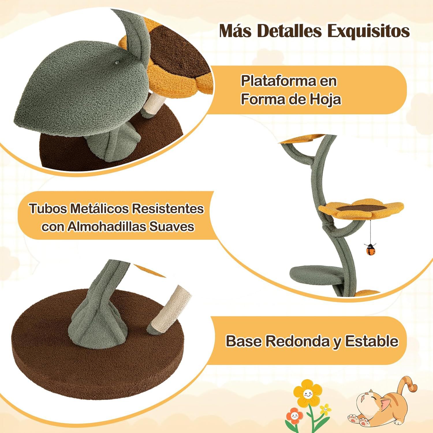COSTWAY &Aacute;rbol Rascador para Gatos, 175 cm Torre Gatos Rascador Estilo de Girasol con 5 Plataformas Acolchonadas Multinivel en Forma de Flor y Hoja, Postes para Rascar y Bola Colgante Estilo Insecto, , large Imagen numero 4