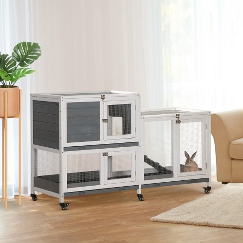 PawHut conejera de exterior con ruedas de madera gris para mascotas, , large image number null