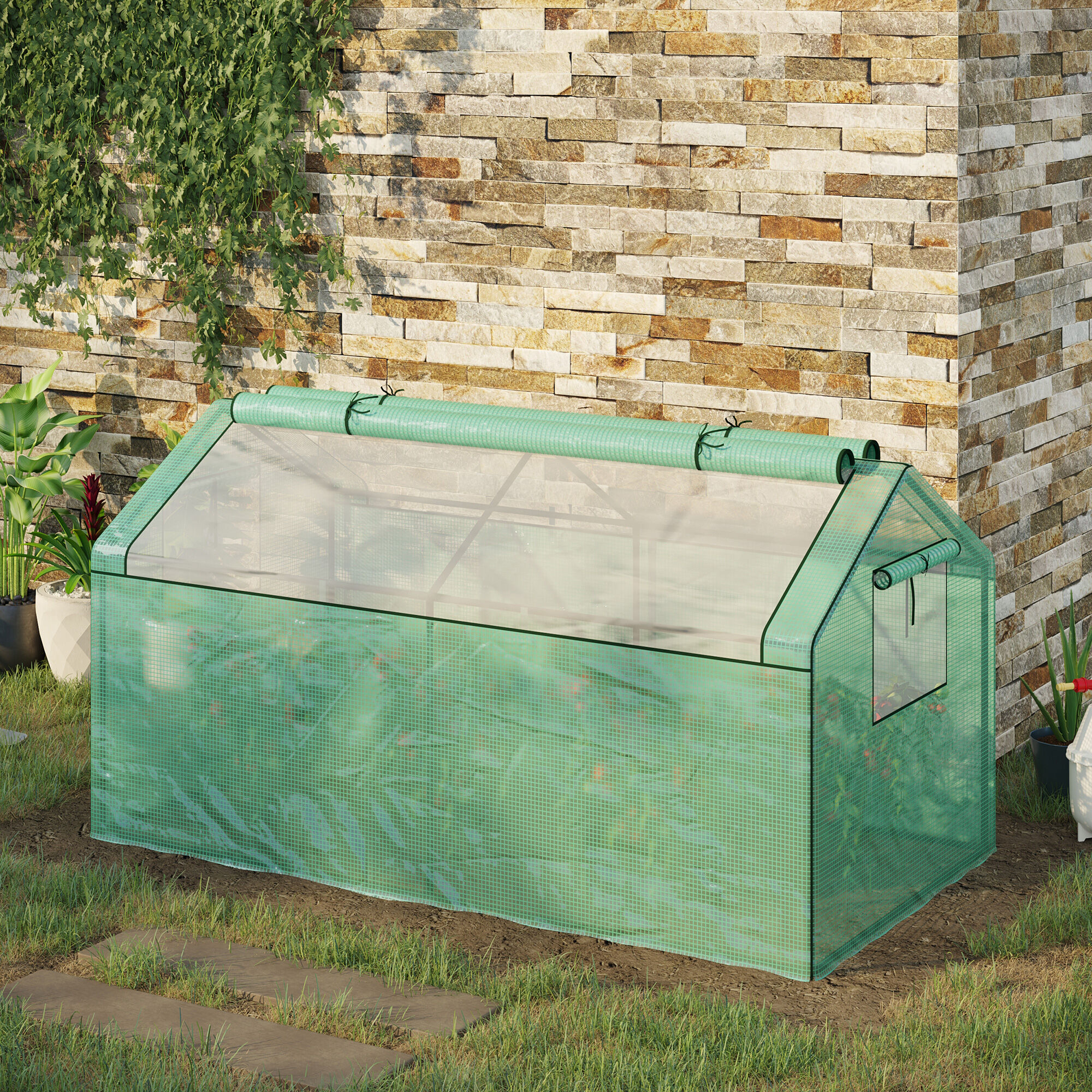 Outsunny Invernadero de Terraza 180x92x92 cm Caseta de Jard&iacute;n con 2 Ventanas Enrollables de Doble Capa y Marco de Metal Vivero Casero para Cultivo Plantas Flores Verde, , large Imagen numero 2