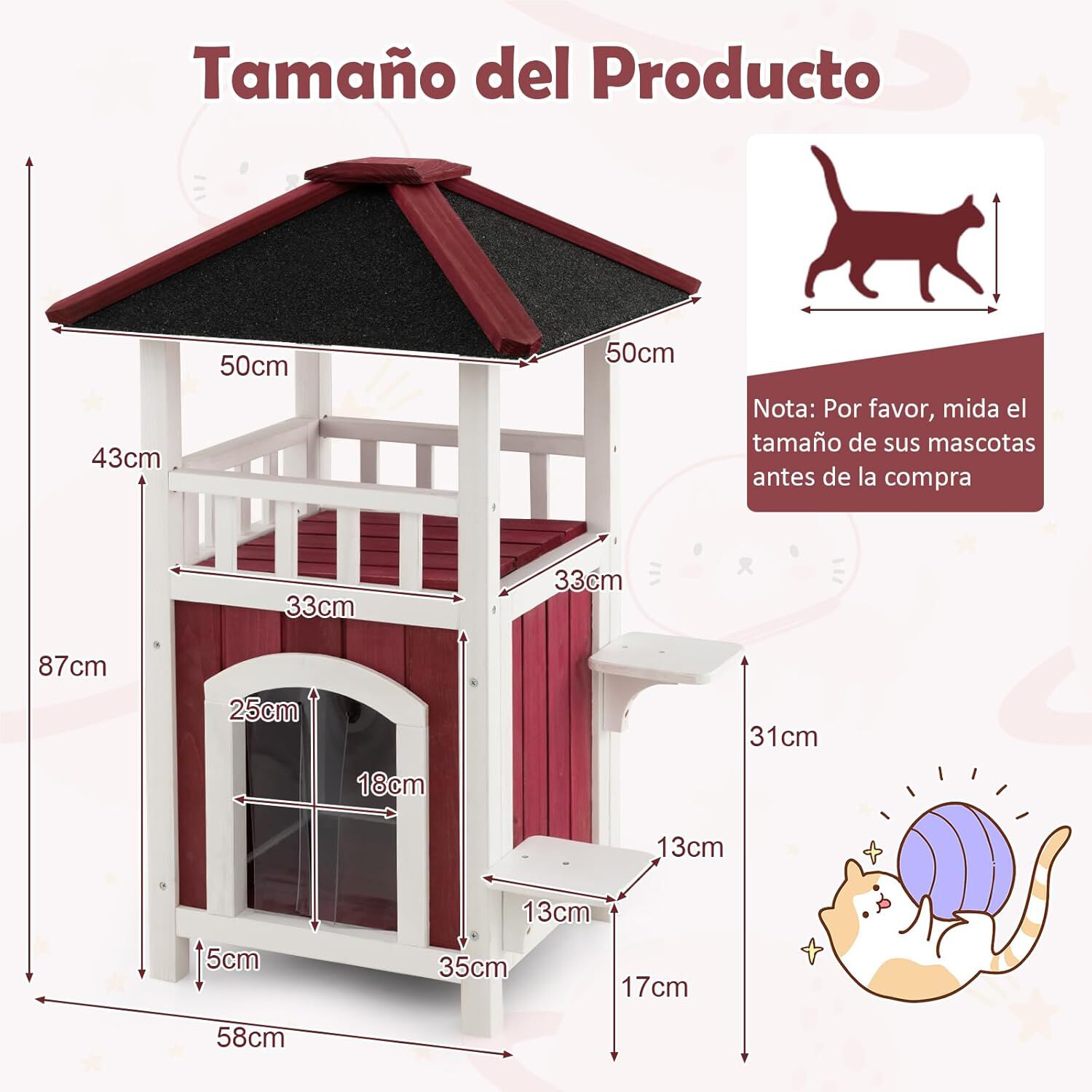 COSTWAY Caseta para Gatos de Madera, Casa para Mascotas de 2 Pisos con Techo de Asfalto, Cortina de Lluvia y Plataformas de Saltar, Refugio para Gatos a Prueba de Intemperie, 58 x 50 x 87 cm thumbnail