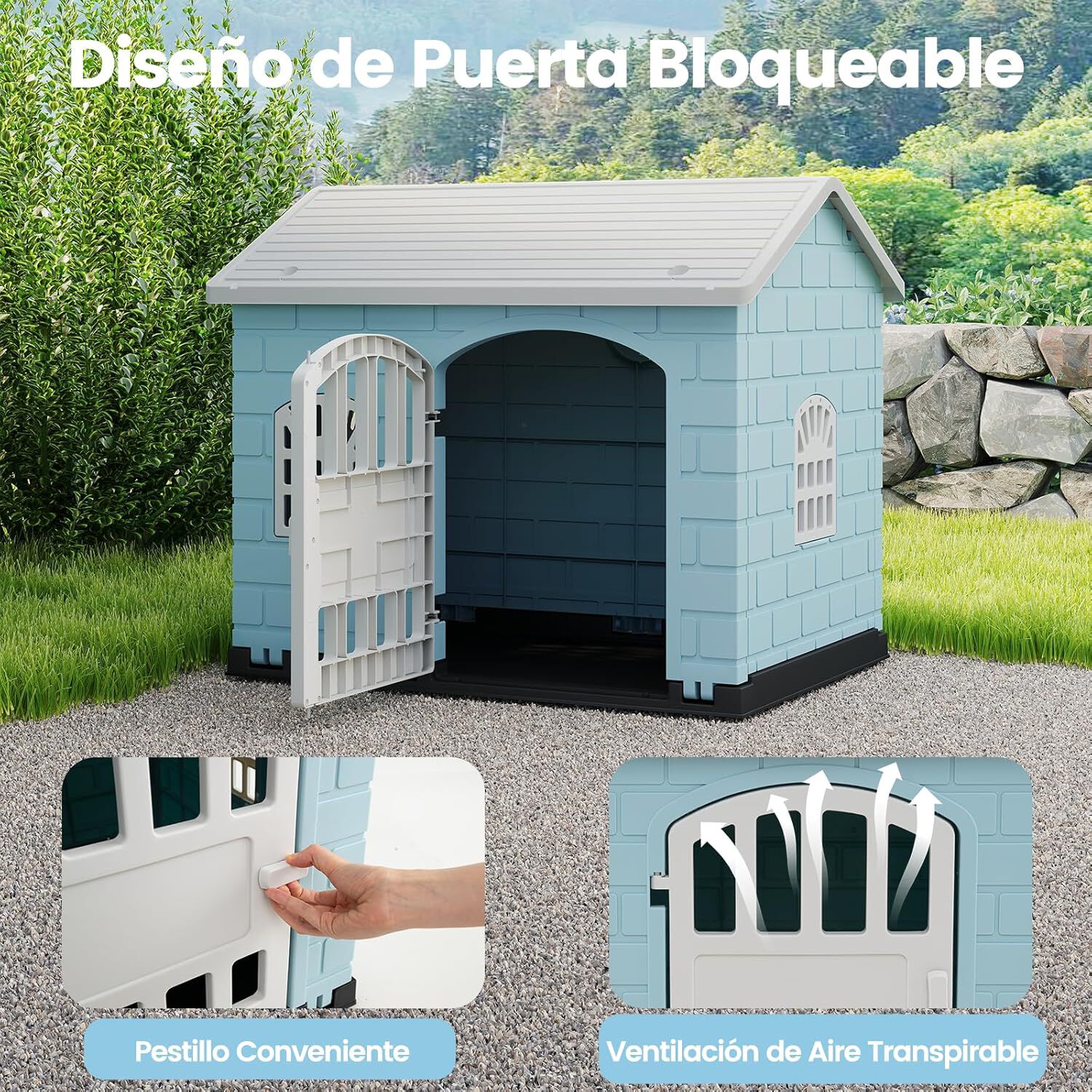 COSTWAY Caseta Perros de Pl&aacute;stico, Refugio para Mascotas con Puerta Bloqueable, 3 Ventanas, Techo Inclinado y Base con Orificios de Drenaje, Jaula Impermeable para Interior y Exterior (Azul), , large Imagen numero 3