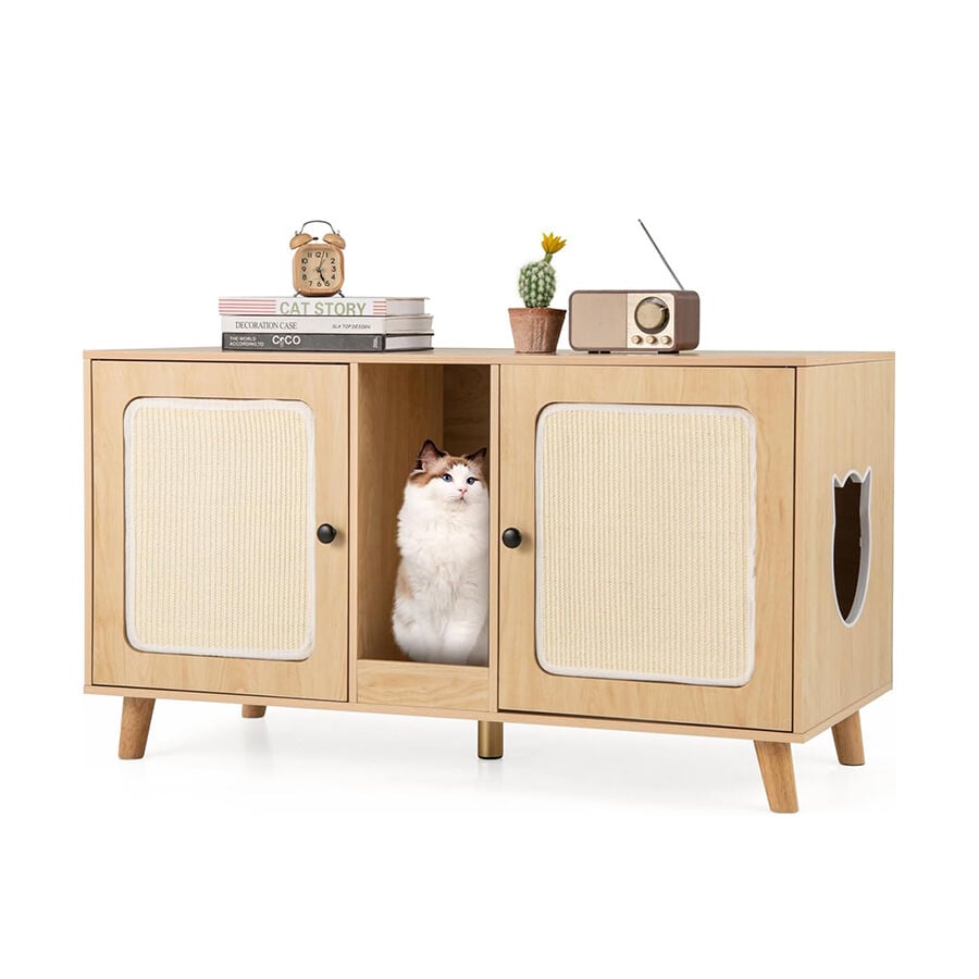 COSTWAY Mueble Arenero para Gatos, Mueble Oculto para Gatos con 2 Habitaciones, 2 Alfombrillas Rascadoras de Sisal, Tabla de Rascar, Casa de Gatos de Interior para Salón Dormitorio (Natural)