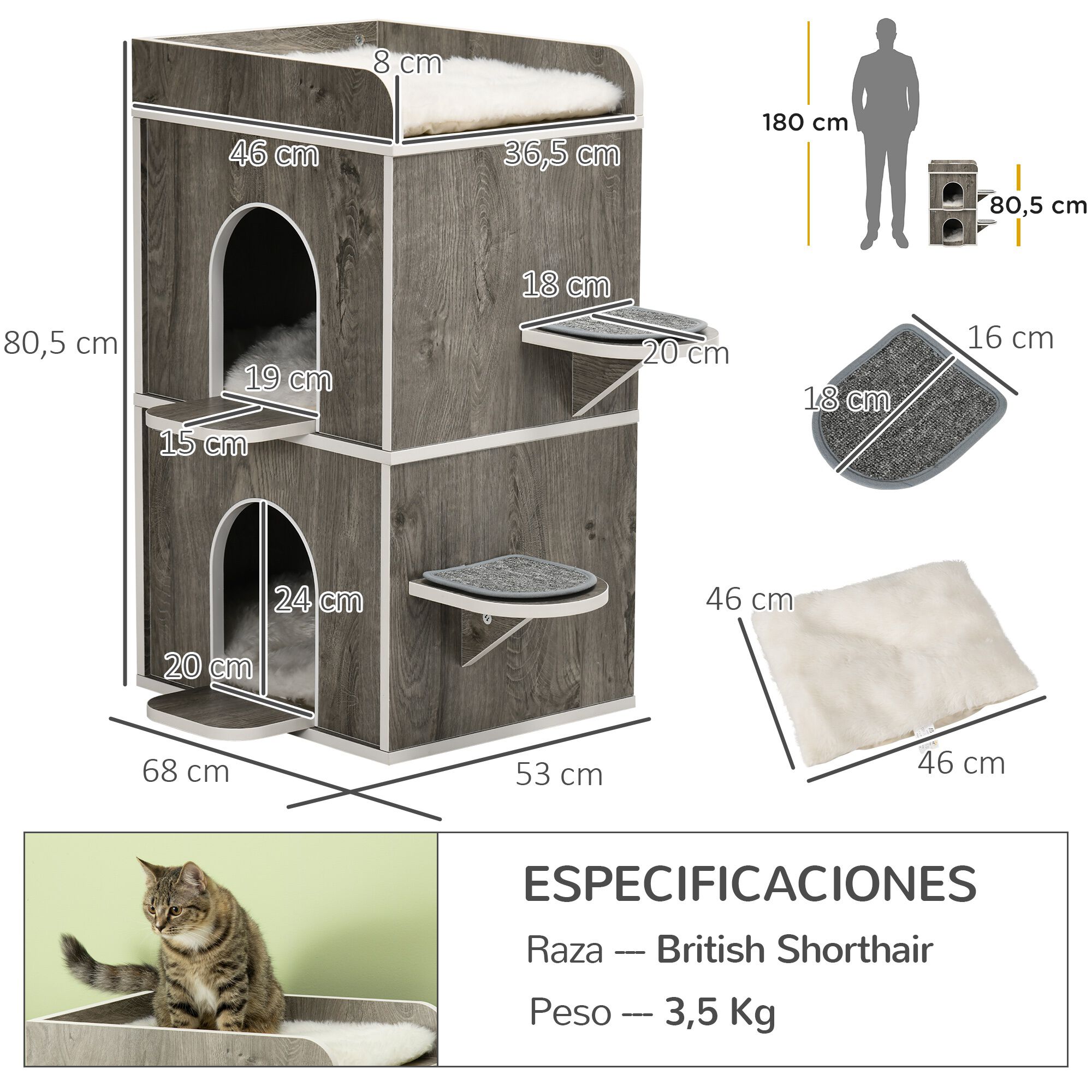 Pawhut Caseta para Gatos de Madera Casa para Gatos Forma de Barril con 3 Cojines 2 Orificios Frontales y 2 Plataformas Laterales 68x53x80,5 cm Gris, , large Imagen numero 3