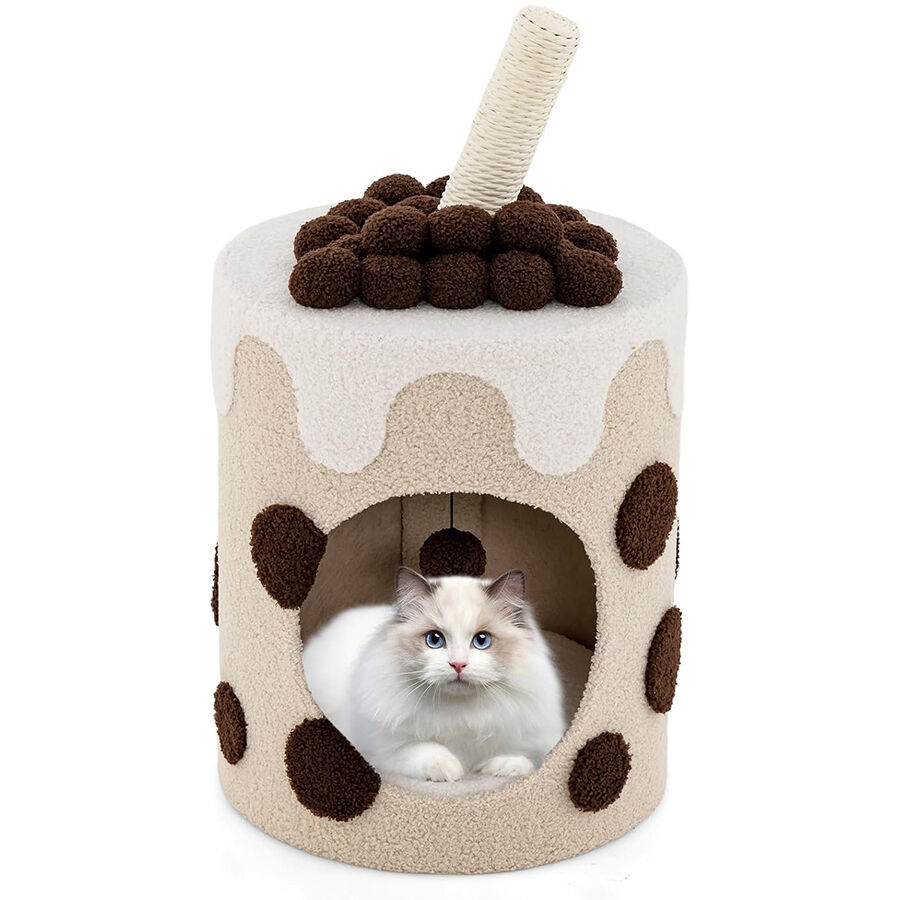 COSTWAY Torre de &Aacute;rbol para Gatos en Forma de T&eacute; de Burbujas, Condominio para Gatos, Cueva para Gatos con Rascador de Sisal y Bola Colgante (Caf&eacute; y Beige), , large Imagen numero 1