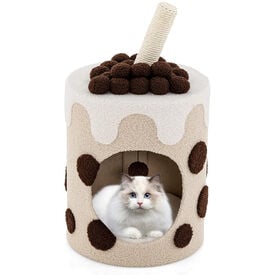COSTWAY Torre de &Aacute;rbol para Gatos en Forma de T&eacute; de Burbujas, Condominio para Gatos, Cueva para Gatos con Rascador de Sisal y Bola Colgante (Caf&eacute; y Beige)