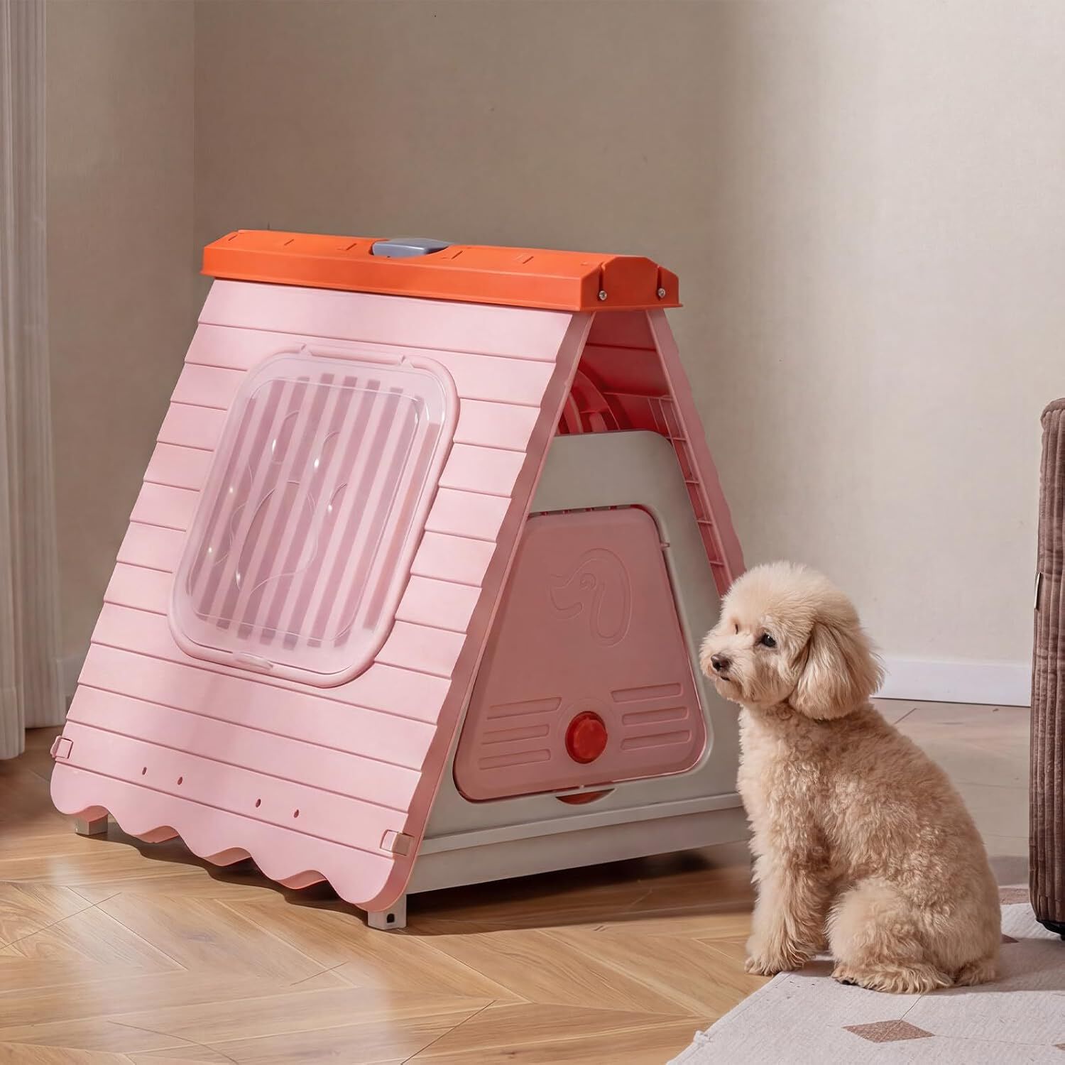COSTWAY Caseta Perros para Exterior, Casa Plegable de Pl&aacute;stico para Perros con Puerta de Solapa Bloqueable, Ventanas, Base Elevada, Refugio Port&aacute;til Impermeable para Mascotas, 72 x 60 x 68 cm (Rosa), , large Imagen numero 2