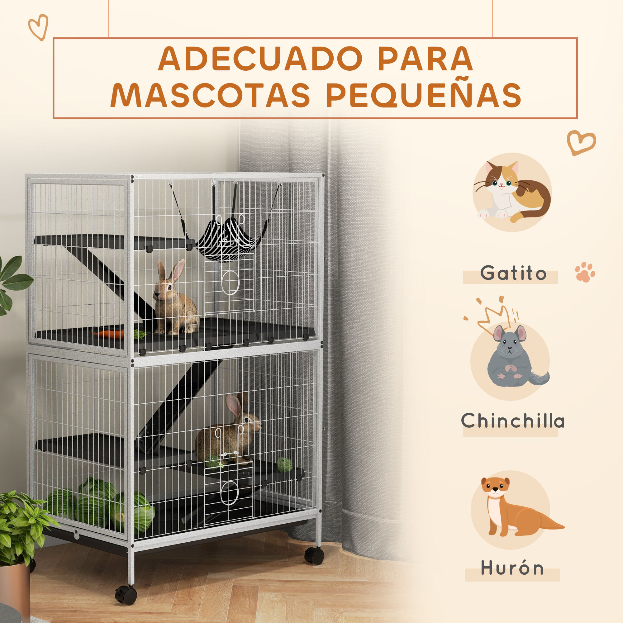 PawHut Jaula para Animales Pequeños de 4 Niveles Jaula para Roedores con Ruedas Rampas Hamaca Colgante y Bandeja Extraíble Recinto para Conejos Chinchillas Hurones 80x52x128 cm Blanco thumbnail