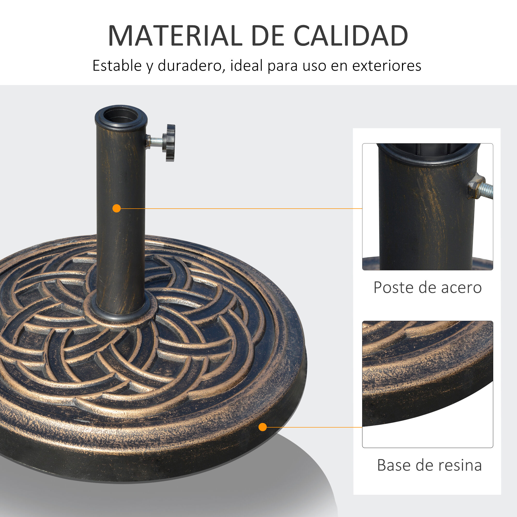 Outsunny Base de Sombrilla de Jard&iacute;n Peso Neto 12 kg Soporte de Parasol Redondo Apto para Postes de 38mm/48mm Resina y Acero para Terraza Patio Exterior &Oslash;45x33 cm Bronce, , large Imagen numero 5