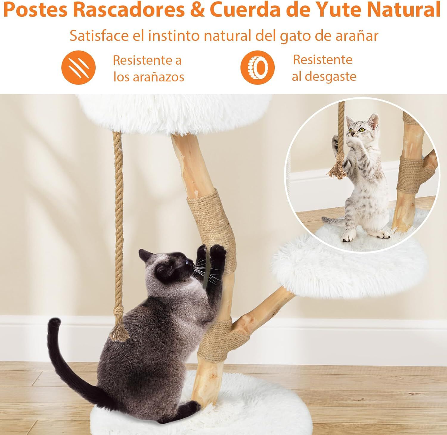 COSTWAY &Aacute;rbol Rascado para Gatos de 90cm, Torre Rascador con Plataformas, Cuerda de Yute y Postes de Sisal, Torre de Escalada para Gatos en Interior de Madera para Descansar, Jugar y Afilar (Blanco), , large Imagen numero 4