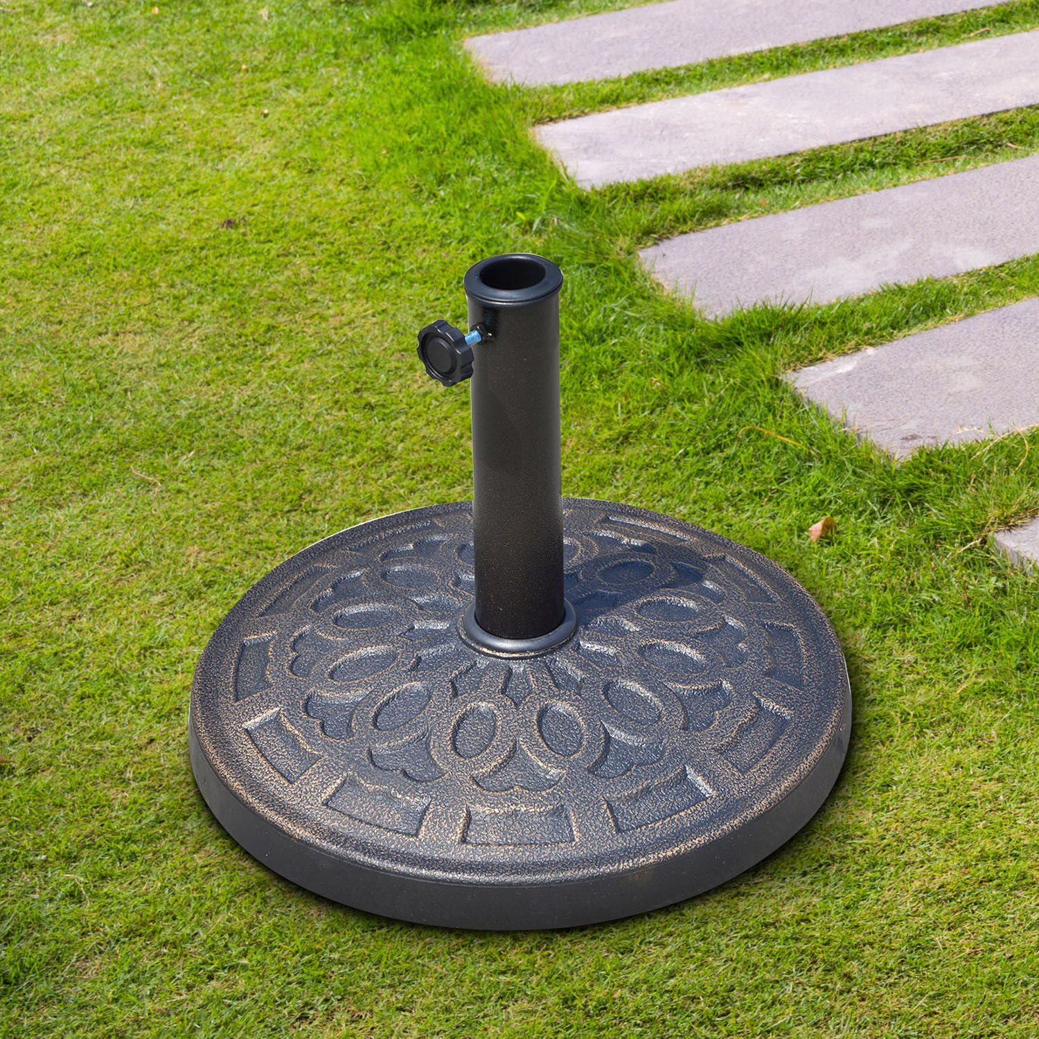 Outsunny Base para Sombrilla de Jard&iacute;n Peso Neto 12 kg Soporte de Parasol Redondo de Resina para Postes de 38mm/48mm para Terraza Patio Exterior &Oslash;44x34 cm Bronce, , large Imagen numero 2