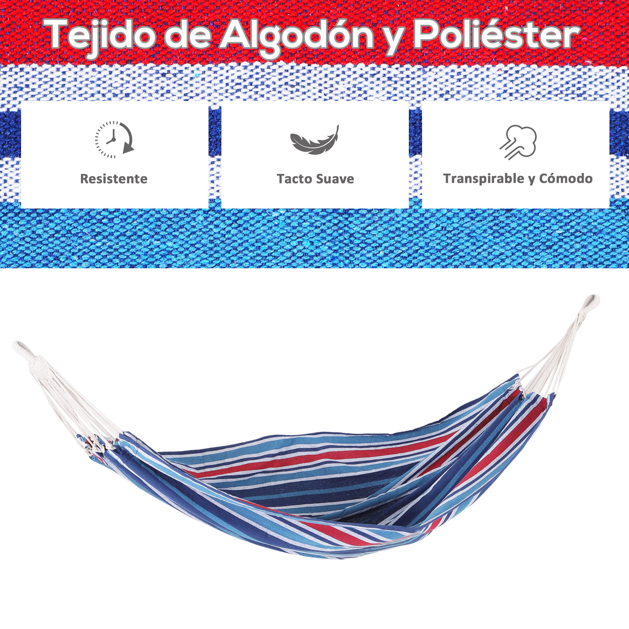 Outsunny Hamaca de Algod&oacute;n para Jard&iacute;n 210x150 cm Hamaca Colgante Port&aacute;til Carga M&aacute;x. 180 kg para Acampar Piscina Camping Rayas Azul y Rojo, , large Imagen numero 5