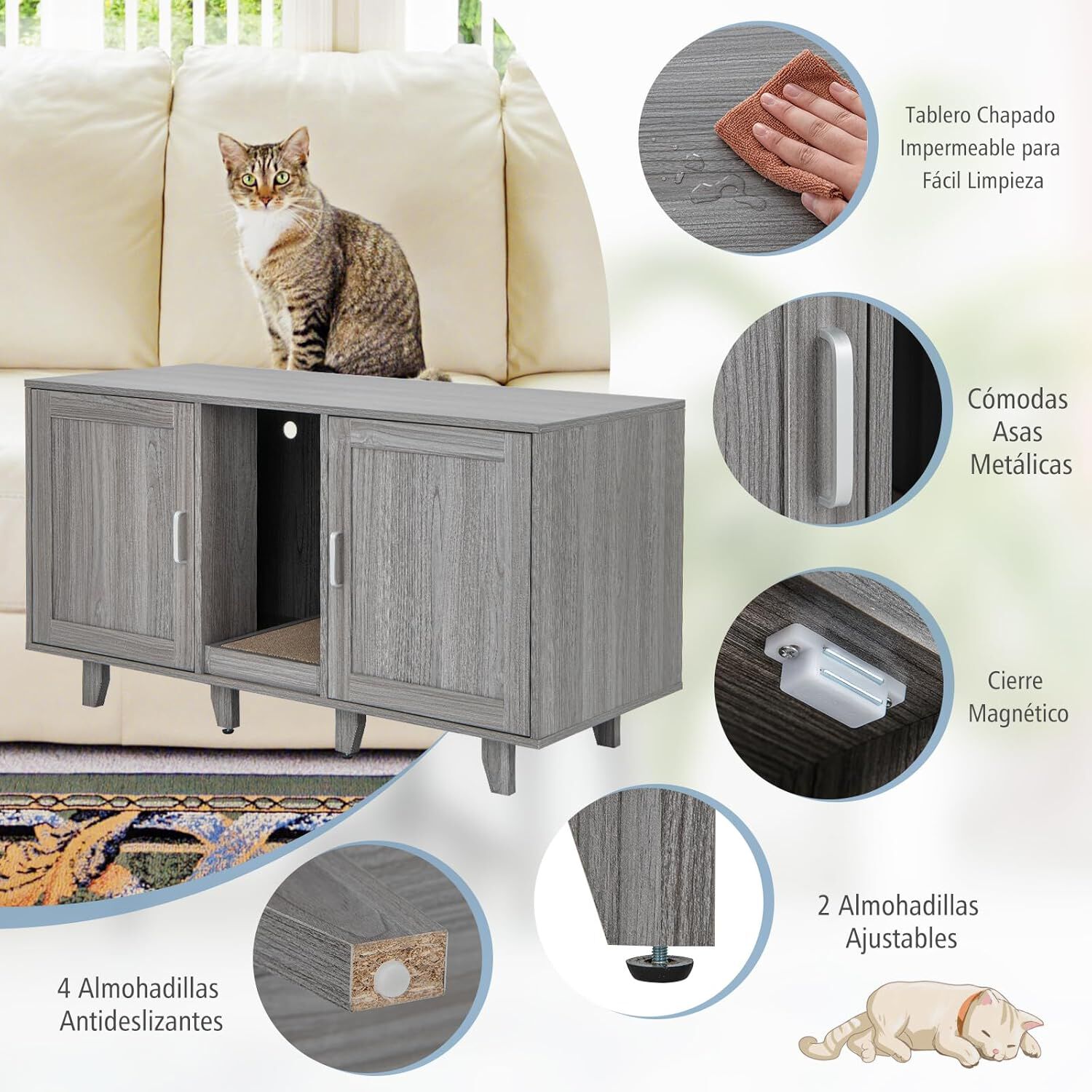COSTWAY Cajas de Arena para Gatos, Casa de Ba&ntilde;o Oculto para Mascota con 2 Puertas, Arenero Cubierto con Entrada Sinuosa y Tablero Rascador, Mesa Auxiliar para Gatos 120 x 52 x 65 cm (Gris Oscuro), , large Imagen numero 5