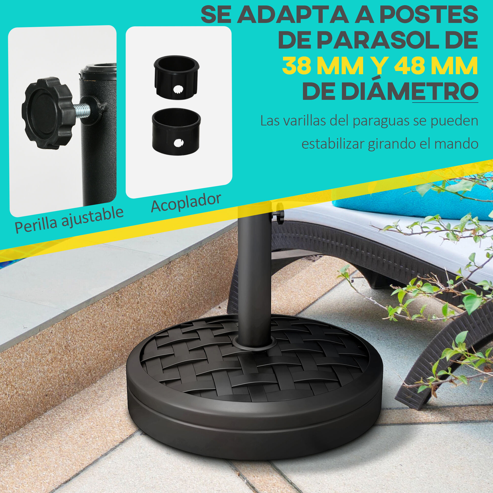 Outsunny Base de Sombrilla Redondo Soporte para Parasol Rellenable de Cemento Peso 18 kg para Poste de Paraguas de &Oslash;38/48 mm &Oslash;45x36 cm Negro, , large Imagen numero 4