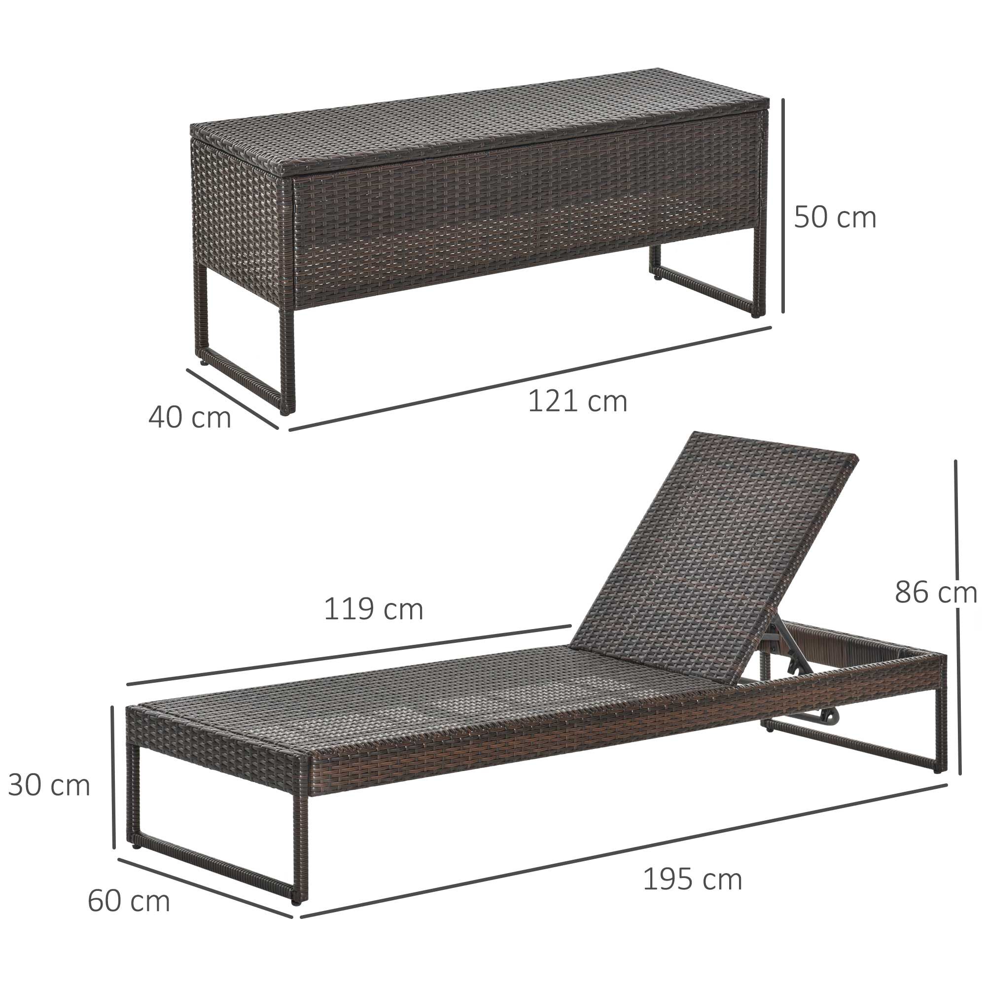 Outsunny Conjunto de 2 Tumbonas de Jard&iacute;n con Cojines Acolchados Rat&aacute;n con Mesa Auxiliar para Piscina o Terraza Carga 160 kg 195x60x86 cm Acero Marr&oacute;n, , large Imagen numero 3