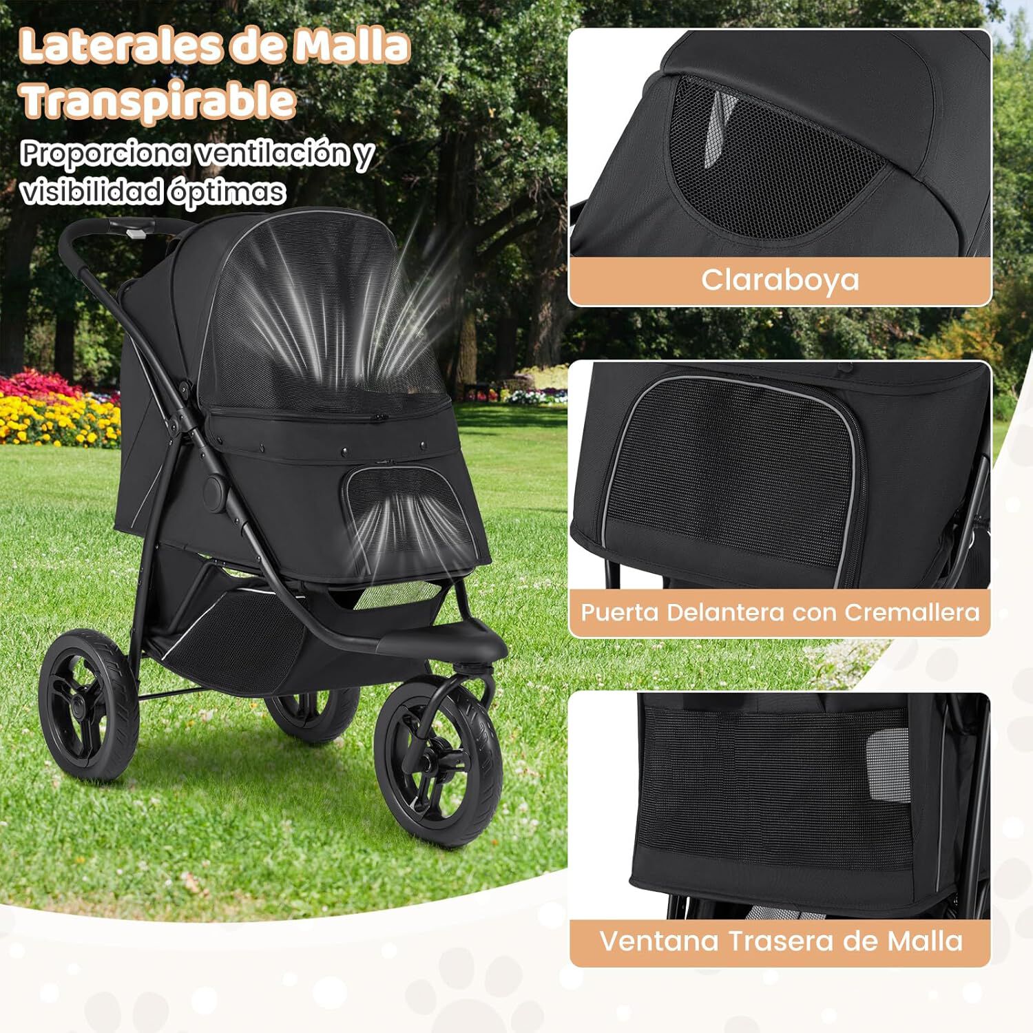 COSTWAY Cochecito Plegable para Perros, Carrito para Perros Peque&ntilde;os con Ruedas Todoterreno, Freno, Capota Ajustable, Cesta, Coj&iacute;n, Correa de Seguridad, Bolsa de Transporte Mascota, Hasta 25kg (Negro), , large Imagen numero 4