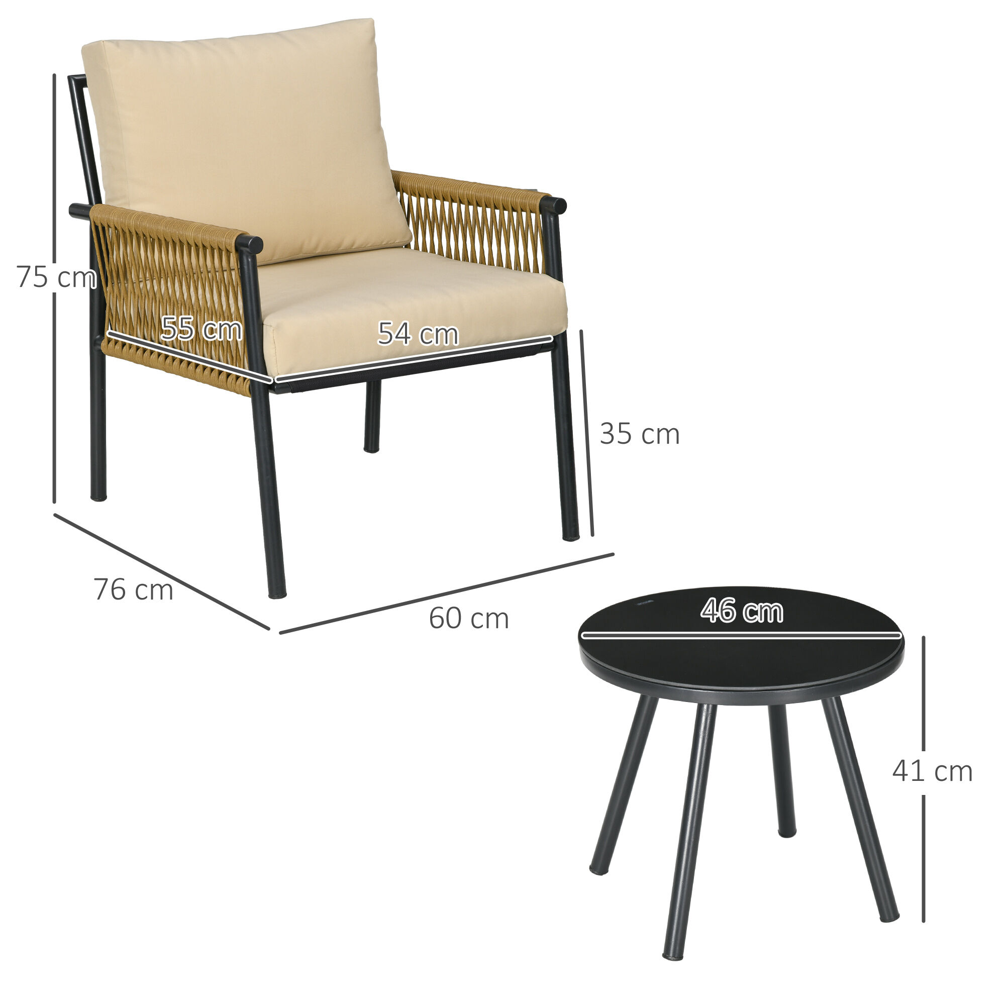 Outsunny Conjunto de Mesa y Sillas de Jard&iacute;n Exterior Juego de 3 Piezas Sillas y Mesa de Rat&aacute;n con 2 Sillas y 1 Mesa de Centro de Vidrio Templado para Terraza C&eacute;sped Balc&oacute;n Negro y Beige, , large Imagen numero 3