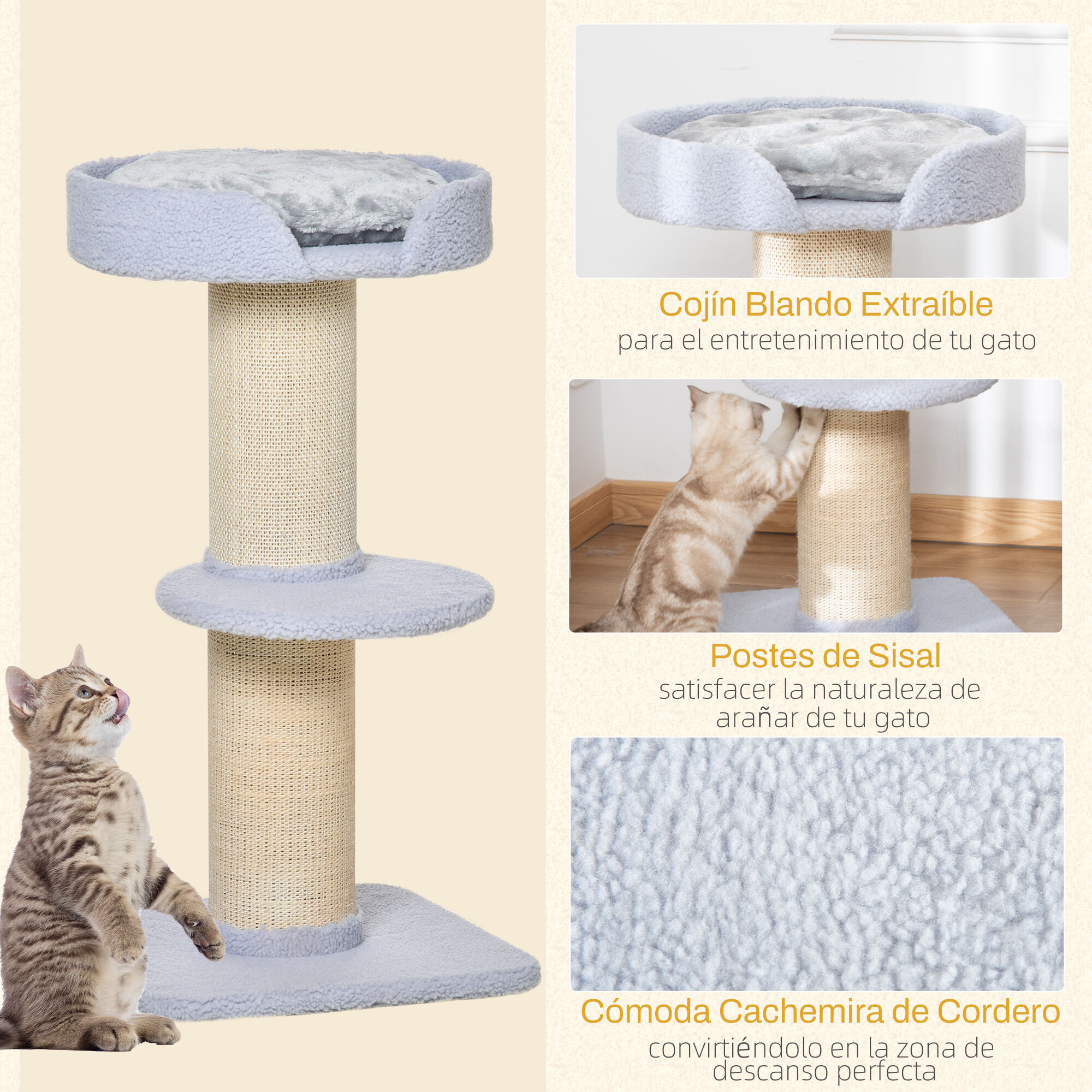 PawHut Árbol Rascador de 3 Niveles con Nido Plataforma y Poste de Sisal Azul Claro para Gatos thumbnail