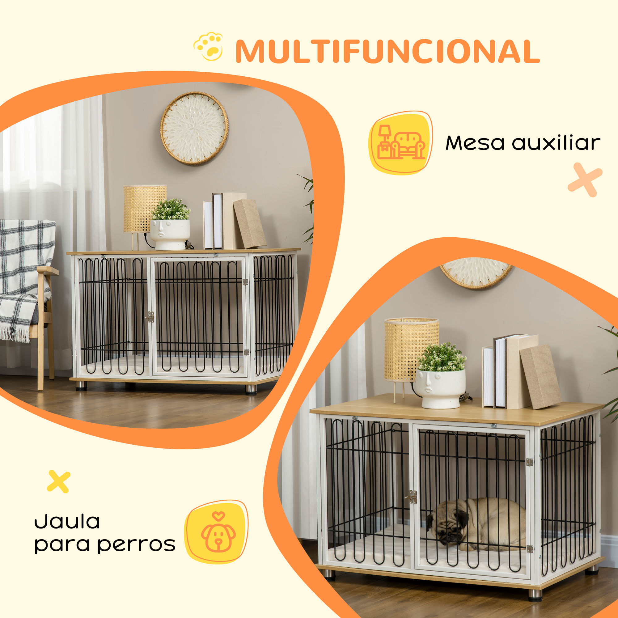 PawHut Jaula para Perros para Interior en Casa 90x58x62,5 cm Mueble Perrera Superficie Mesa Auxiliar con Coj&iacute;n Lavable Puerta con Cerradura y Rejillas de Acero Roble, , large Imagen numero 5