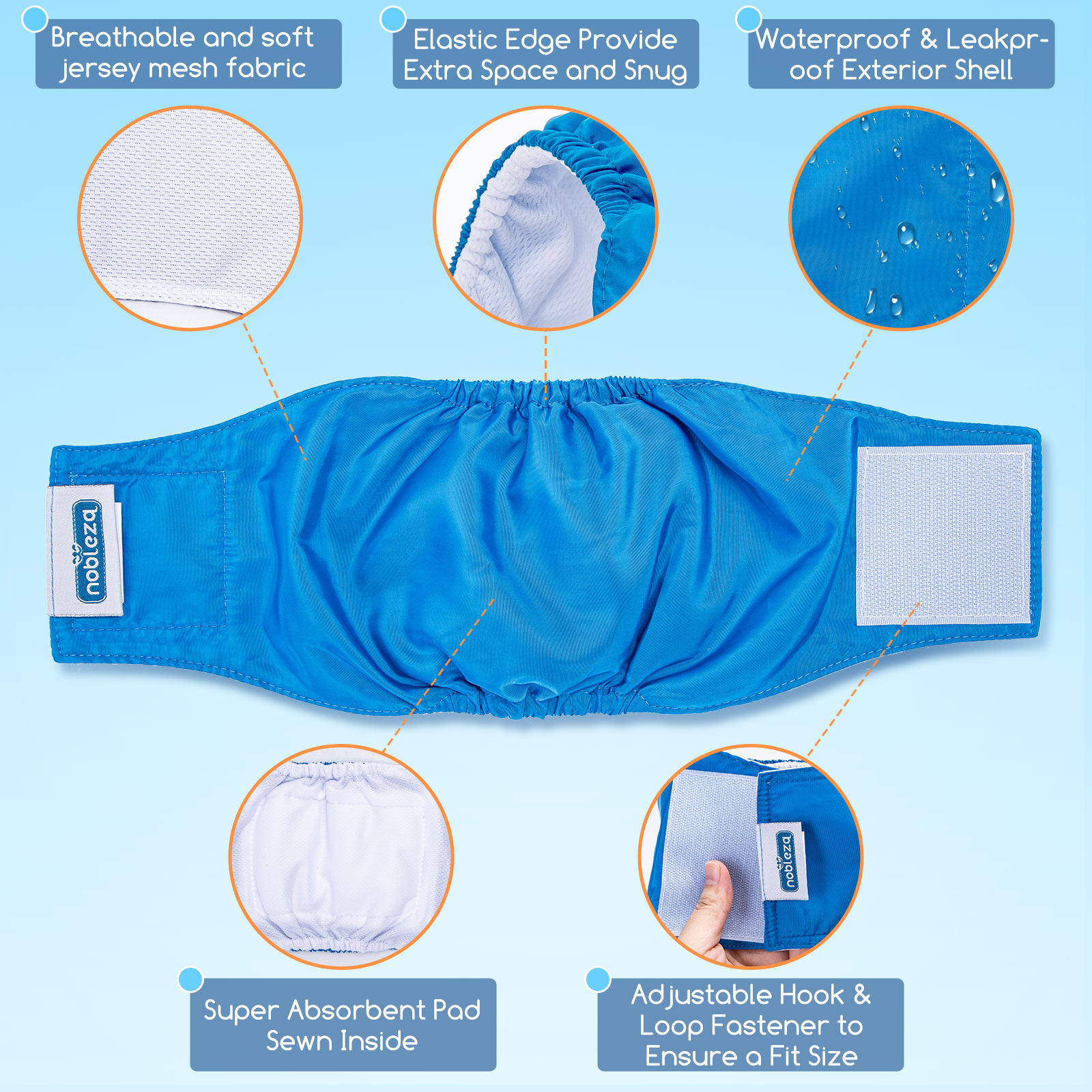 Nobleza 3x Pa&ntilde;ales para Perros Macho Lavables, Reutilizable Bragas Incontinencia Higi&eacute;nicas, Mascotas Sanitarios Pa&ntilde;al para Perro Absorbentes (S Cintura 23-30cm, Paquete de 3, Gris, Negro y Azul), , large Imagen numero 4