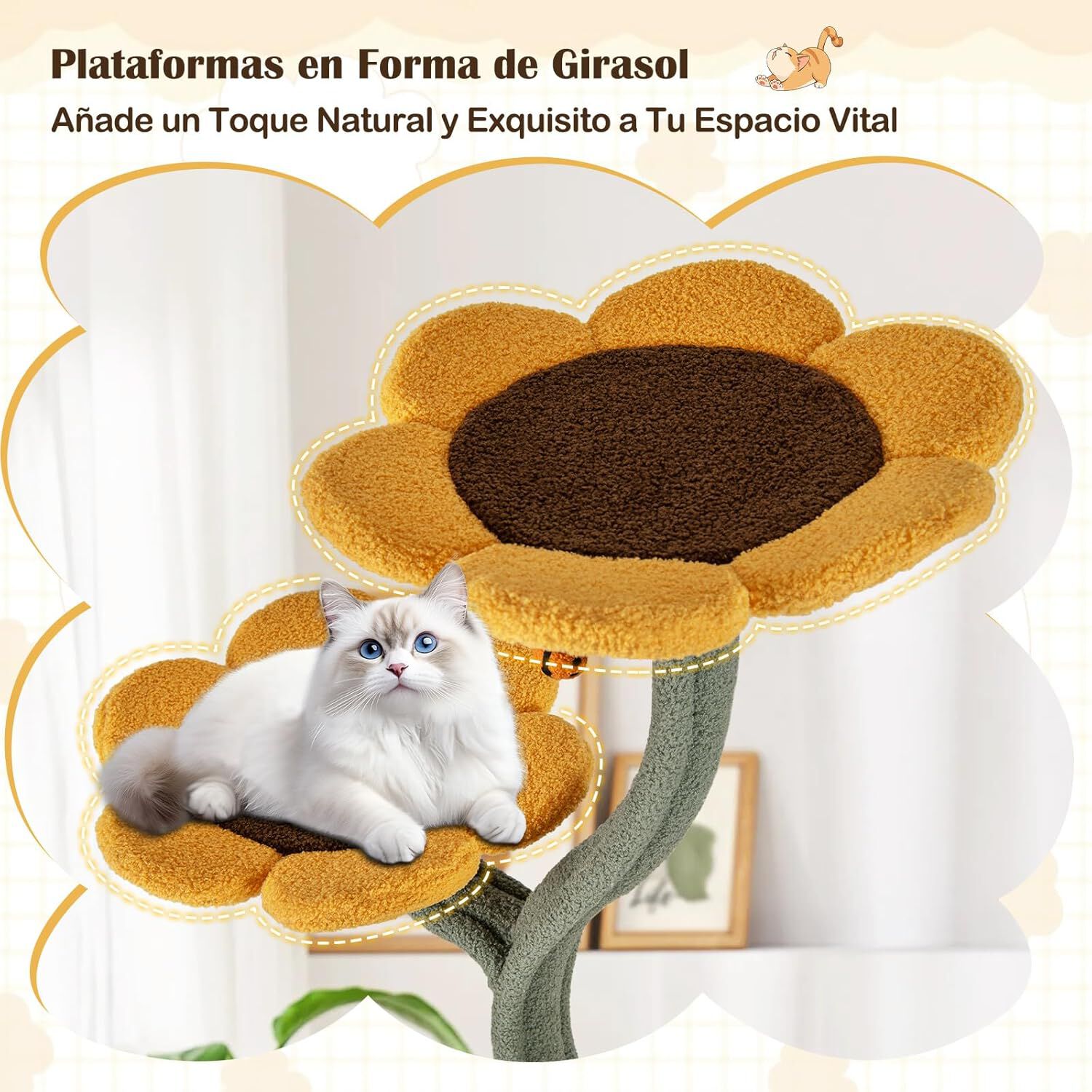 COSTWAY &Aacute;rbol Rascador para Gatos, 175 cm Torre Gatos Rascador Estilo de Girasol con 5 Plataformas Acolchonadas Multinivel en Forma de Flor y Hoja, Postes para Rascar y Bola Colgante Estilo Insecto, , large Imagen numero 3