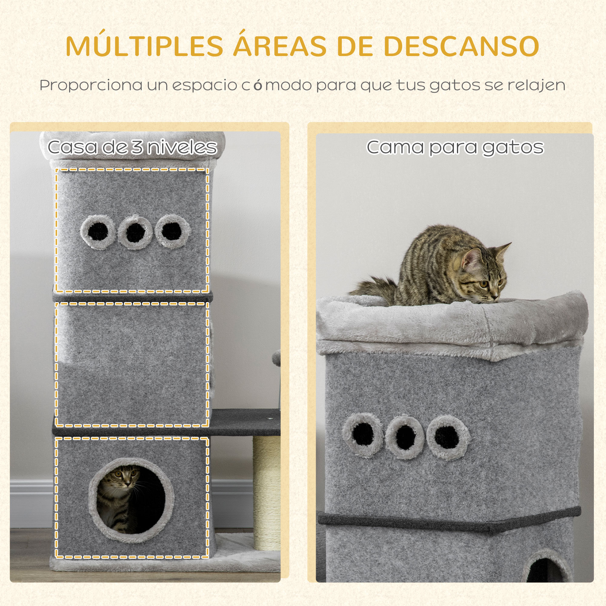 PawHut Barril Rascador para Gatos de 3 Niveles Altura 102 cm Torre para Gatos con Caseta de Fieltro Desmontable Poste de Sisal Cama y Bola de Juguete 60x40x102 cm Gris, , large Imagen numero 5