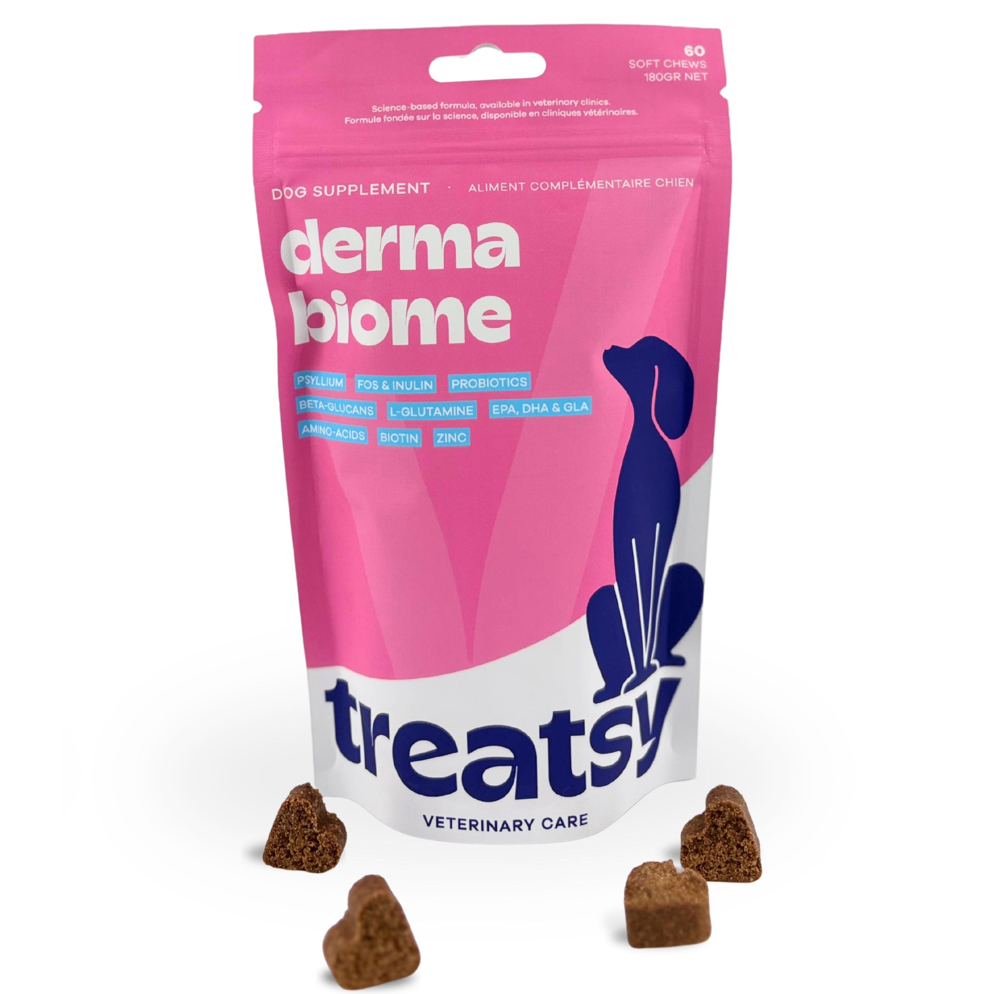 Treatsy DermaBiome Perro &ndash; Complemento Veterinario Alergia, Piel y Microbiota Intestinal &ndash; Probi&oacute;ticos, L-Glutamina, Zinc, Omega-3 GLA &ndash; 60 Snacks &ndash; Hipoalerg&eacute;nico Cordero, , large Imagen numero 1