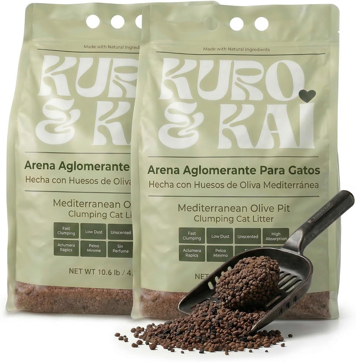 KURO & KAI Arena Aglomerante Natural para Gatos &ndash; Hueso de Oliva con Carb&oacute;n Activo, Sin Perfume, Poco Polvo, Pack 4 Unidades, 19,2 kg / 28 L, , large Imagen numero 8
