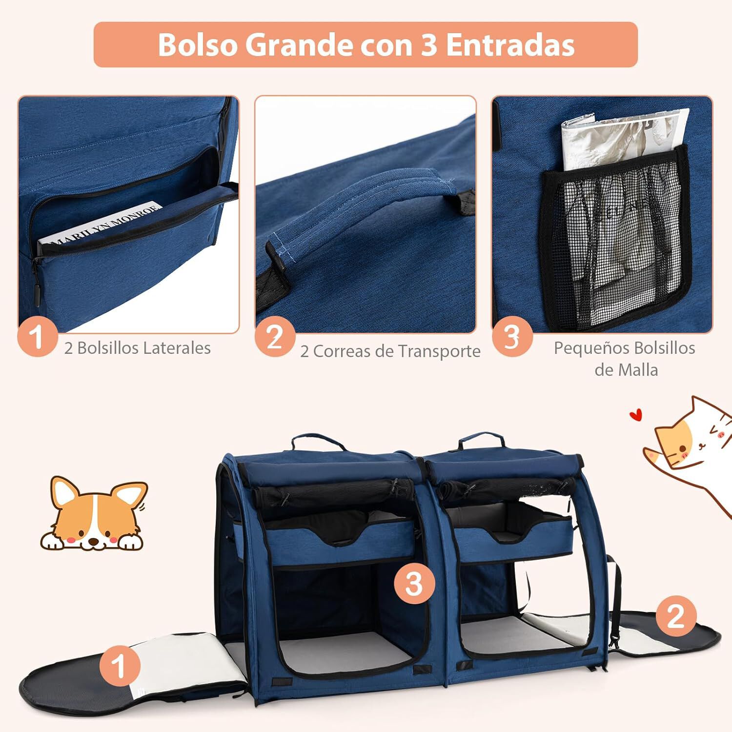 COSTWAY Transport&iacute;n de Doble Compartimento Perro Gato, Bolsa de Transporte Port&aacute;til 3 en 1 con 2 Hamacas Desmontables, Jaula Suave para Mascotas con Bolsa de Transporte 100 x 58 x 61cm (Azul), , large Imagen numero 4