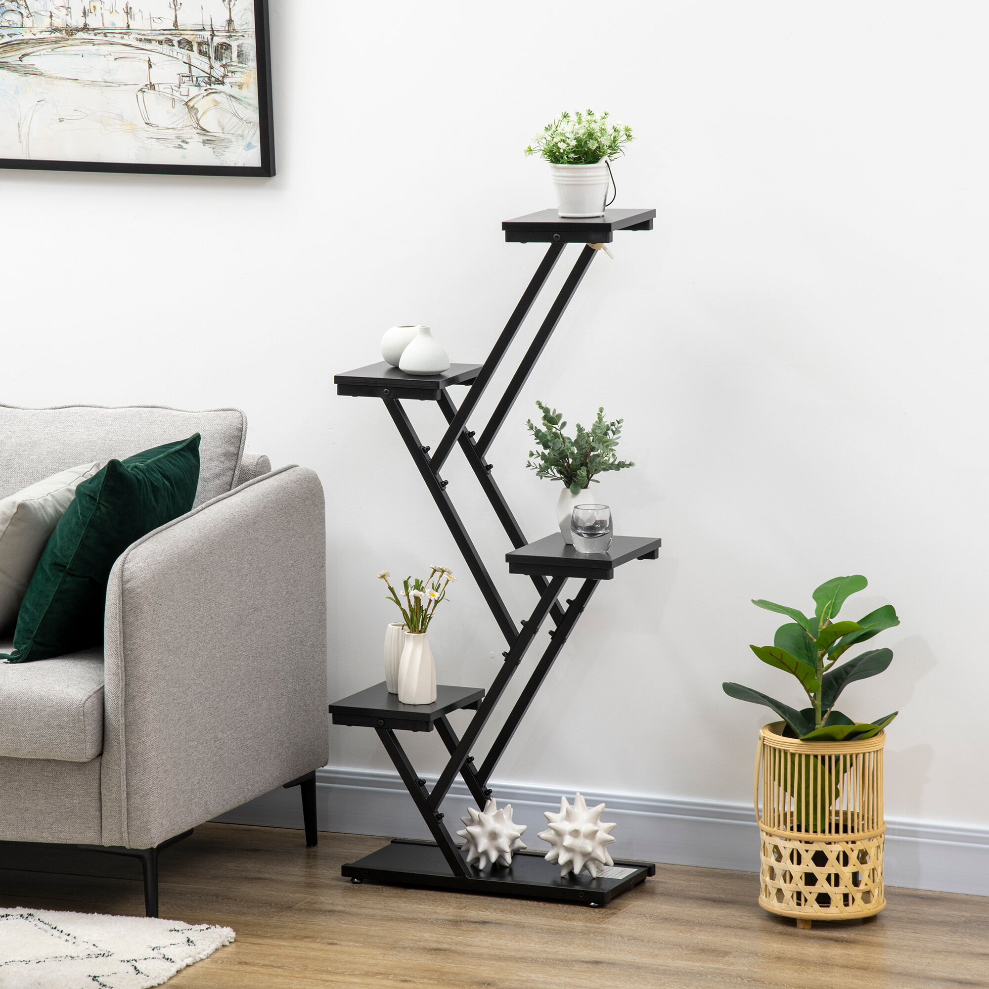 Outsunny Soporte para Plantas de 4 Niveles Estanter&iacute;a de Madera para Macetas con Marco de Acero para Interiores Exteriores Sal&oacute;n Dormitorio 53x24x119,5 cm Negro, , large Imagen numero 2