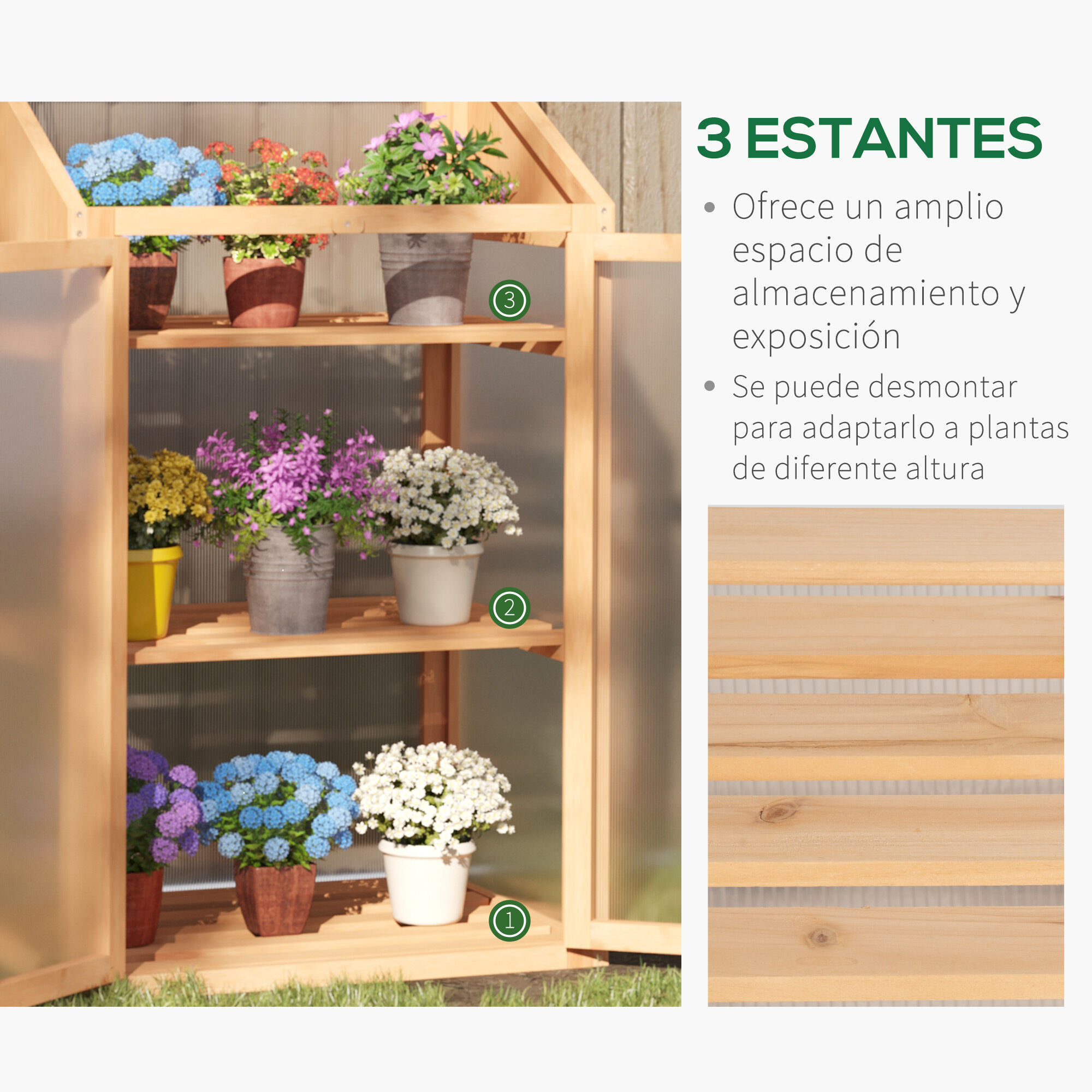 Outsunny Invernadero de Madera con Paneles de Policarbonato Invernadero de Jard&iacute;n Vivero Casero con Tapa Abatible 2 Puertas y 3 Estantes para Cultivo Plantas Flores Terraza Patio 70x50x120 cm Natural, , large Imagen numero 5