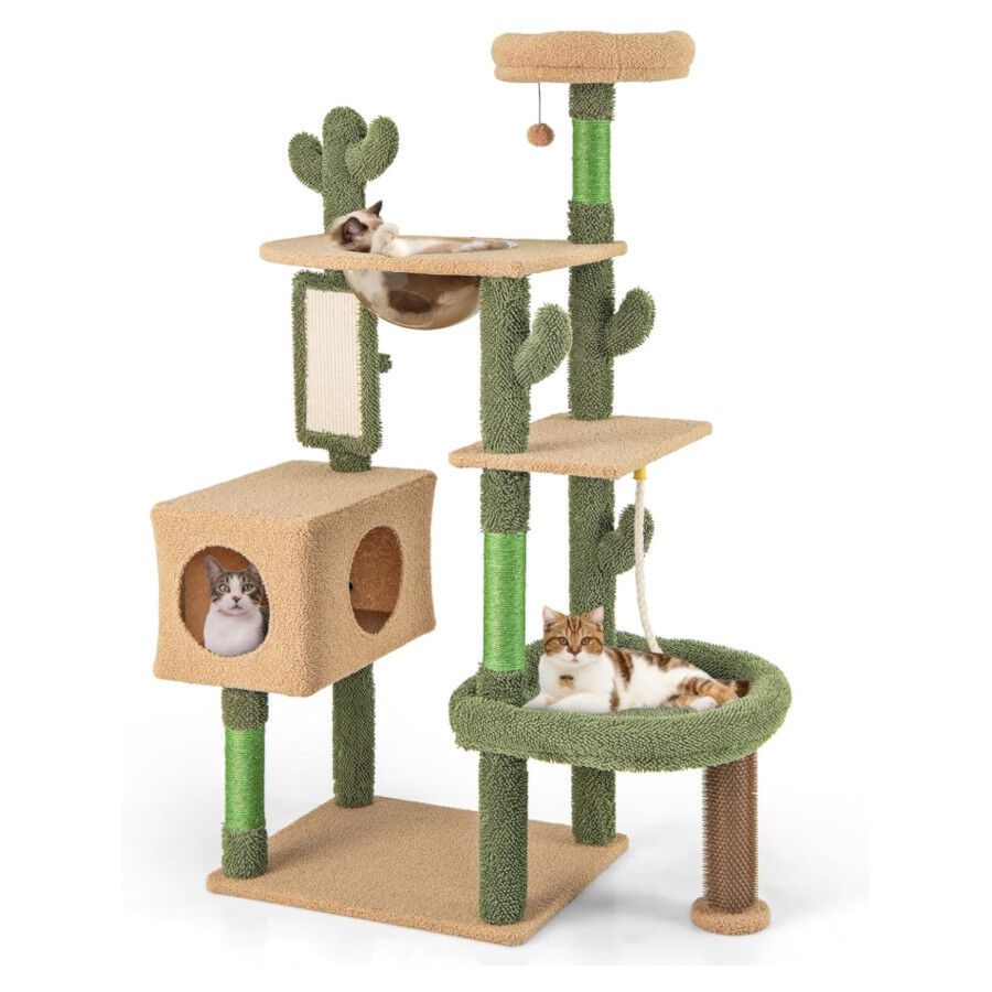COSTWAY &Aacute;rbol para Gatos, Torre para Gatos con Dise&ntilde;o de Cactus Verde con Condominio, Hamaca, Plataforma, Postes de Rascado de Sisal, Coj&iacute;n Lavable, &Aacute;rbol Rascador para Gatos (77 x 49 x 150 cm), , large Imagen numero 1
