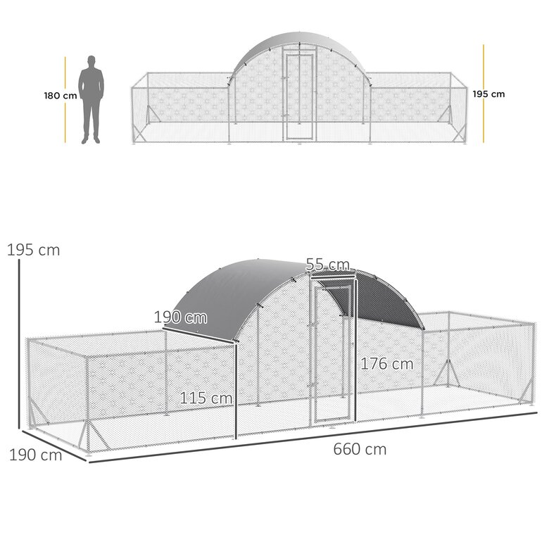 PawHut Gallinero Exterior de Acero Galvanizado 6,6x1,9x1,95 m Jaula para 12-14 Gallinas al Aire Libre con 3 Pisos Techo Cubierta de Tela y Corral para Conejos Aves Plata, , large image number null
