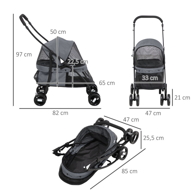 PawHut Cochecito para Mascotas Plegable Carrito para Perros y Gatos con Ventanas de Malla Cojín Lavable Correas de Seguridad Cubierta de Tela Oxford y Marco de Acero 82x47x97 cm Gris., , large image number null