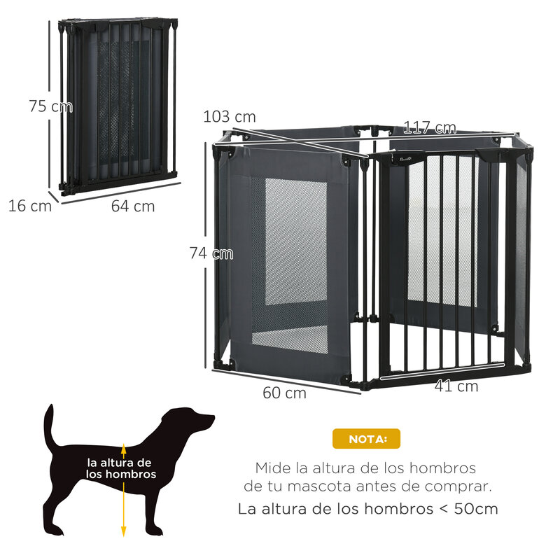 PawHut Parque Plegable para Perros de 6 Paneles Barrera de Seguridad para Mascotas Parque de Juego de Tela Oxford Sistema de Cierre Automático para Gatos Cachorros 117x103x74 cm Negro, , large image number null
