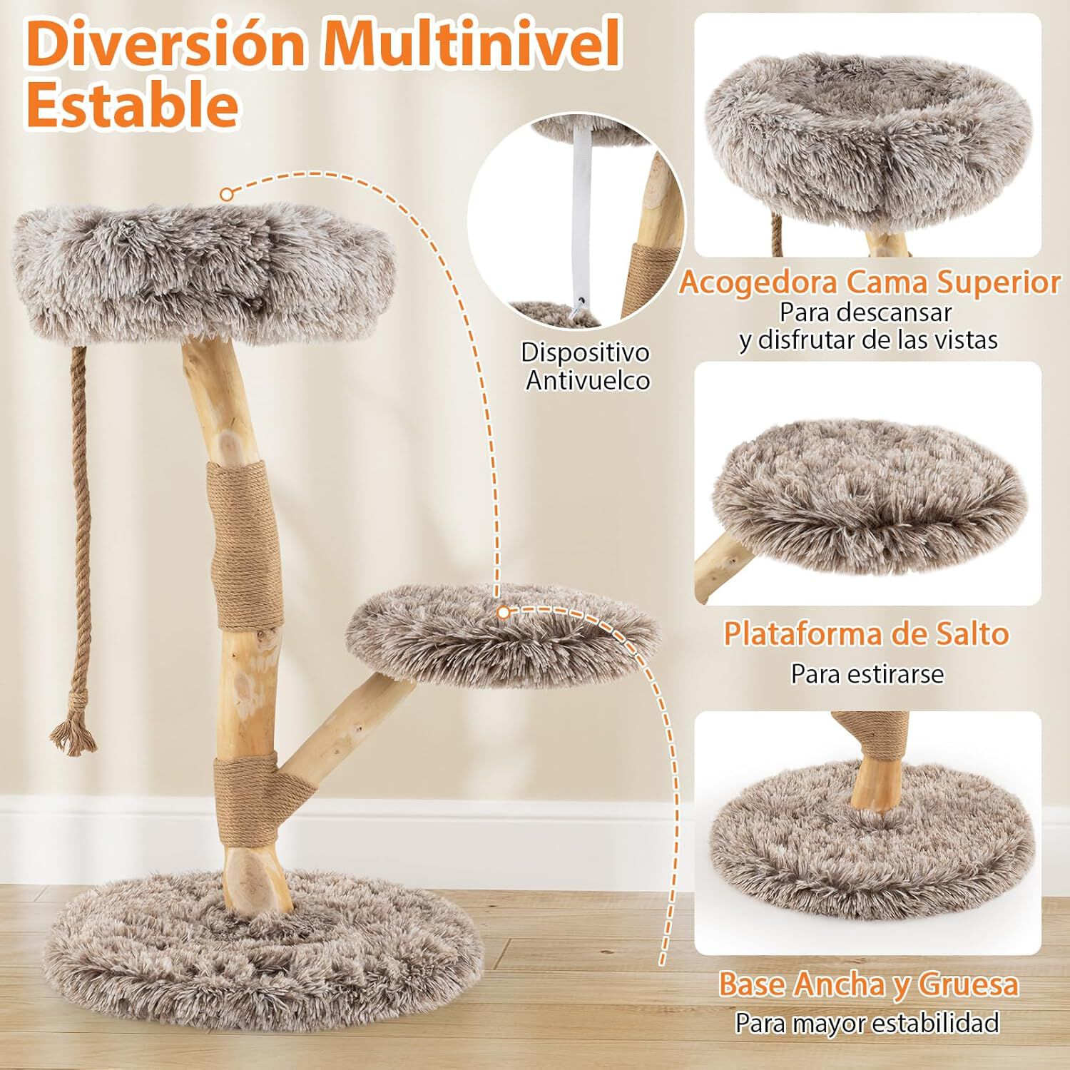 COSTWAY &Aacute;rbol Rascado para Gatos de 90cm, Torre Rascador con Plataformas, Cuerda de Yute y Postes de Sisal, Torre de Escalada para Gatos en Interior de Madera para Descansar, Jugar y Afilar, Gris, , large Imagen numero 2
