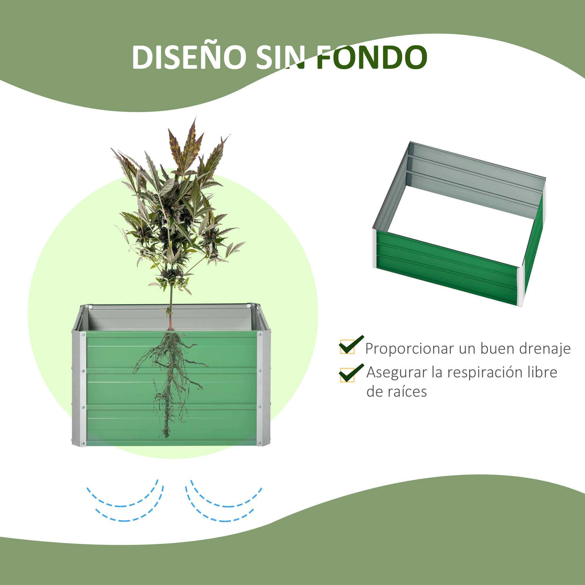 Outsunny Arriate Alto de Jard&iacute;n de Acero Incluye Guantes Huerto Urbano Jardinera Macetero Rectangular para Cultivos Plantas Flores para Exterior Terraza Balc&oacute;n 66x47x40 cm Verde, , large Imagen numero 4