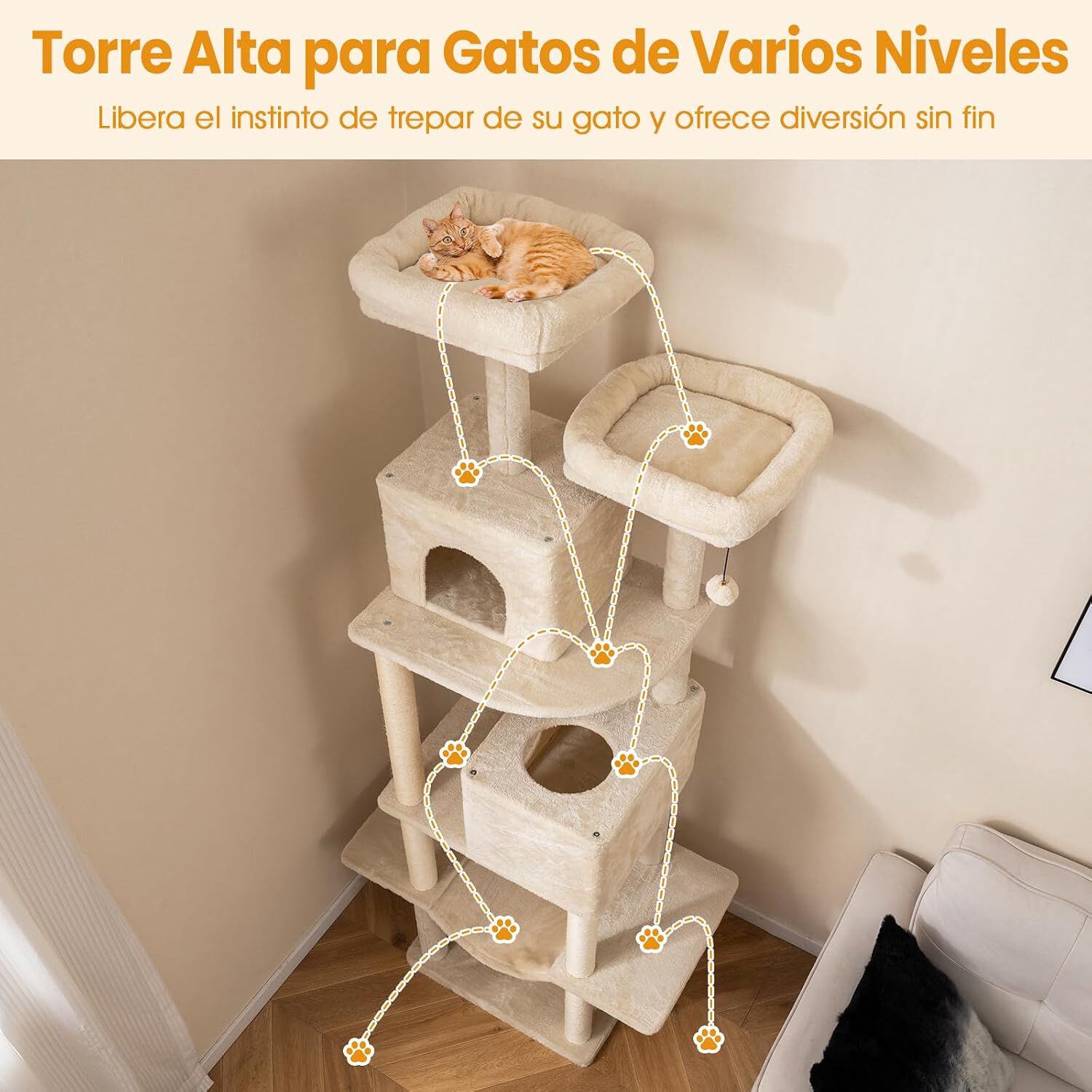 COSTWAY &Aacute;rbol Rascador para Gatos de Varios Niveles, Torre de Escalada para Gatitos con 2 Condos, 2 Perchas de Terciopelo, Postes de Sisal y Cuerda, Juguetes Colgantes, Plataformas M&uacute;ltiples, Beige, , large Imagen numero 3