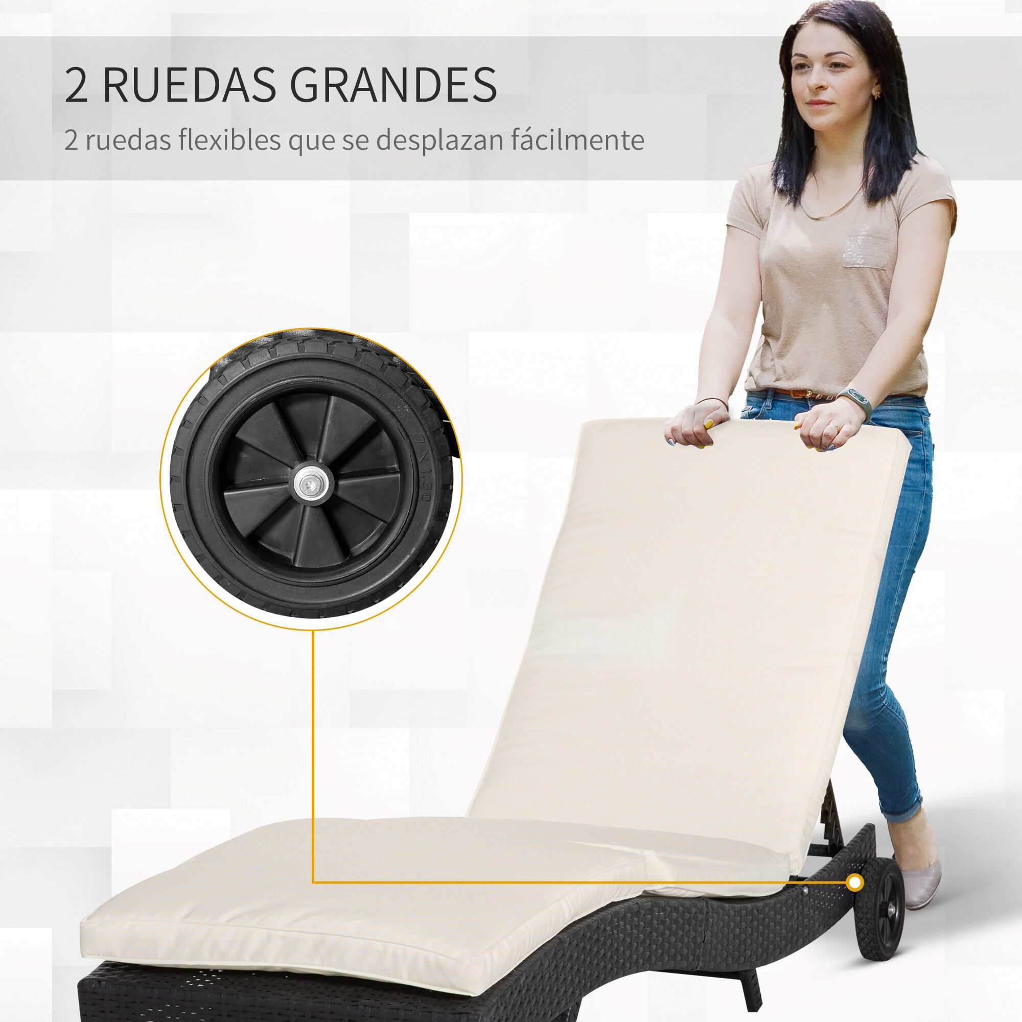 Outsunny Tumbona de Rat&aacute;n Reclinable Tumbona de Jard&iacute;n en Forma de S con 2 Ruedas Respaldo Ajustable en 5 Posiciones y Coj&iacute;n Extra&iacute;ble para Patio Terraza 207x70x70 cm Negro y Crema, , large Imagen numero 4