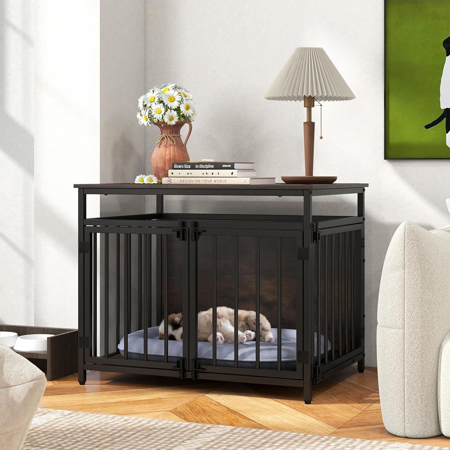 COSTWAY Jaula para Perros, Mesa Auxiliar con Tres Puertas y Parte Superior Hueca, Casa para Perros de Madera y Metal Resistente a Mordidas, Jaula para Perro Peque&ntilde;o y Mediano, R&uacute;stica Marr&oacute;n, , large Imagen numero 2