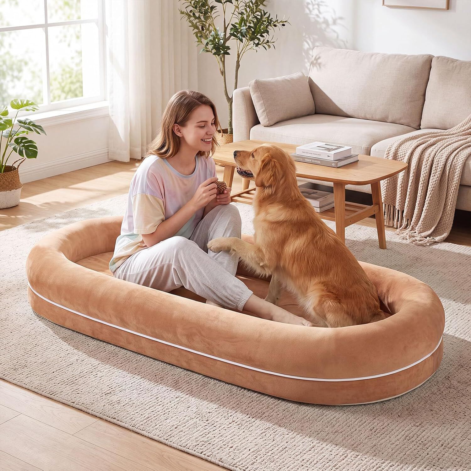 COSTWAY Cama para Perros de Tama&ntilde;o Humano, con Base Antideslizante, Borde Desmontable, Funda de Felpa Lavable y Manta, Cama Perro Viscoelastica para Sal&oacute;n y Dormitorio, 185 x 78 x 21 cm, , large Imagen numero 2