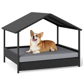 COSTWAY Caseta para Perros Exterior e Interior, Casa Perro de Rat&aacute;n Grande con Dosel, Base Elevada, Coj&iacute;n Removible, Estructura Met&aacute;lica, Cama Elevada para Mascotas, Carga 60 kg, 98x69x74cm, Gris