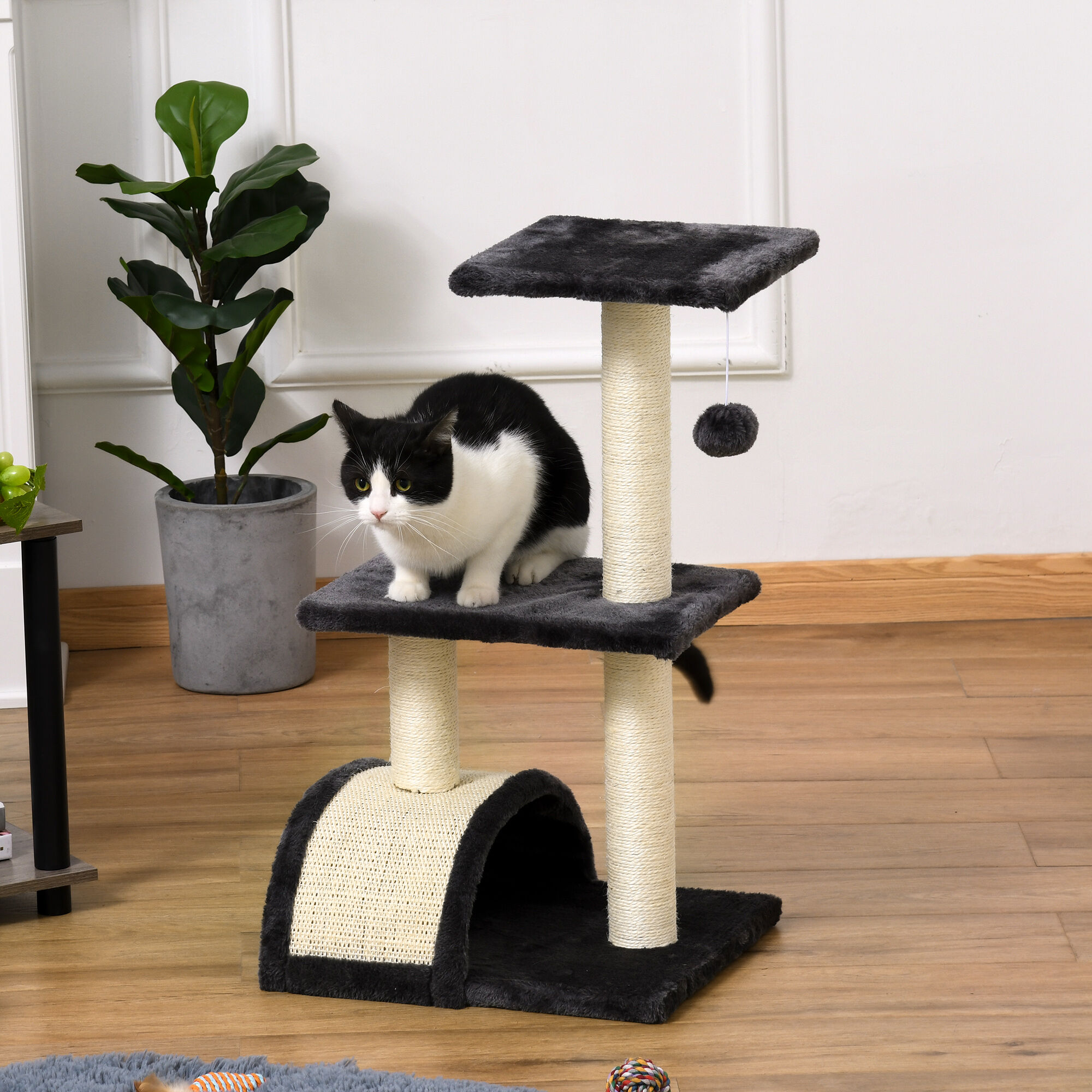 PawHut Rascador para Gatos Altura 72 cm &Aacute;rbol para Gatos Torre de Escalada con Postes de Sisal Tablero para Rascar Plataformas y Bola Colgante Gris Carb&oacute;n, , large Imagen numero 2