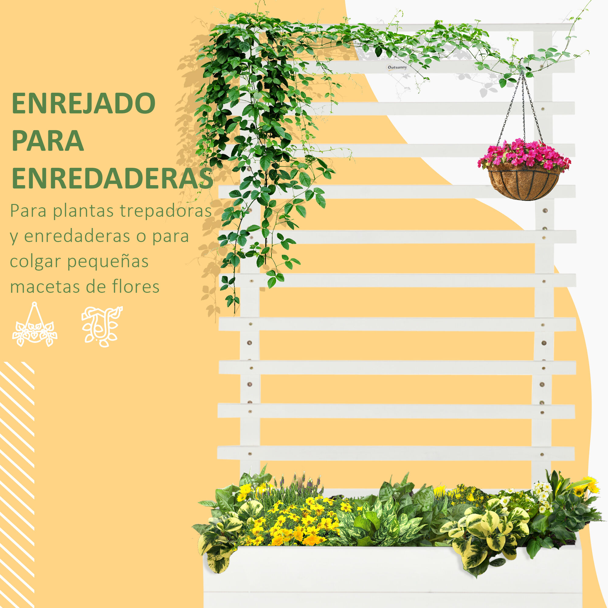 Outsunny Jardinera con Enrejado de Madera Maciza con 4 Ruedas Macetero de Jard&iacute;n con Soporte para Trepadora y Tela Geotextil para Cultivos Plantas Flores 76x30x155 cm Blanco, , large Imagen numero 5