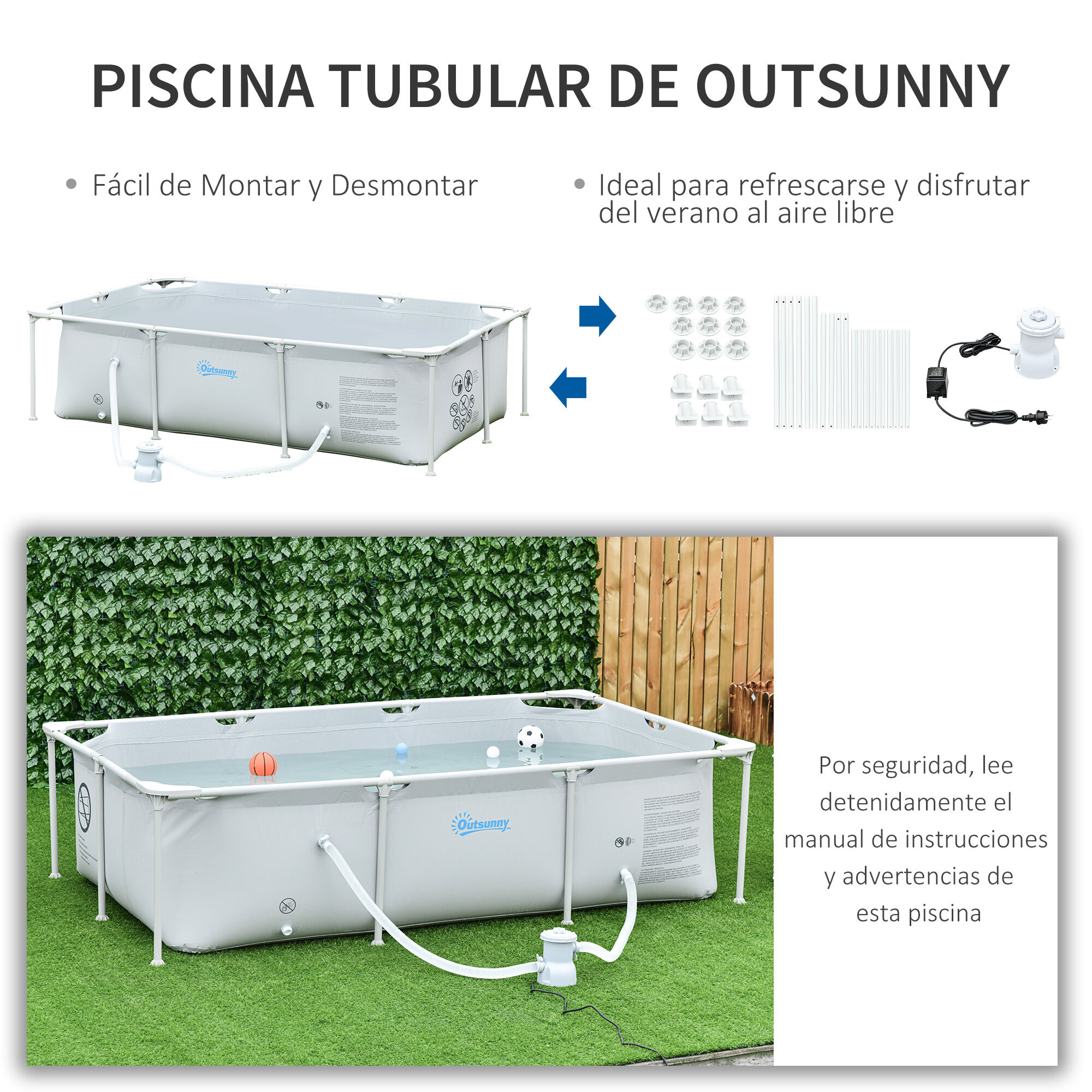 Outsunny Piscina Desmontable Tubular 252x152x65 cm con Depuradora de Cartucho 1200L/H Piscina Rectangular de Exterior para Adultos y Ni&ntilde;os 2163L Gris, , large Imagen numero 4